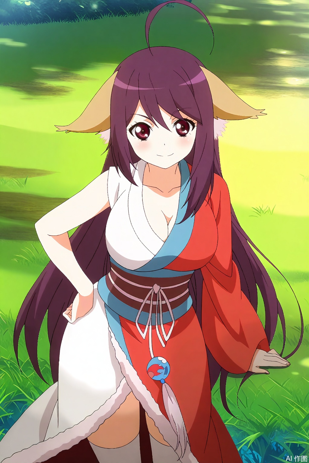 1girl, solo, long hair, breasts, looking at viewer, large breasts, red eyes, thighhighs, animal ears, cleavage, very long hair, purple hair, ahoge, japanese clothes, kimono, sash, antenna hair, single sleeve,masterpiece,best quality,official art,extremely detailed CG unity 8k wallpaper,,Thigh exposed,thighhighs,looking at viewer,in a meadow,