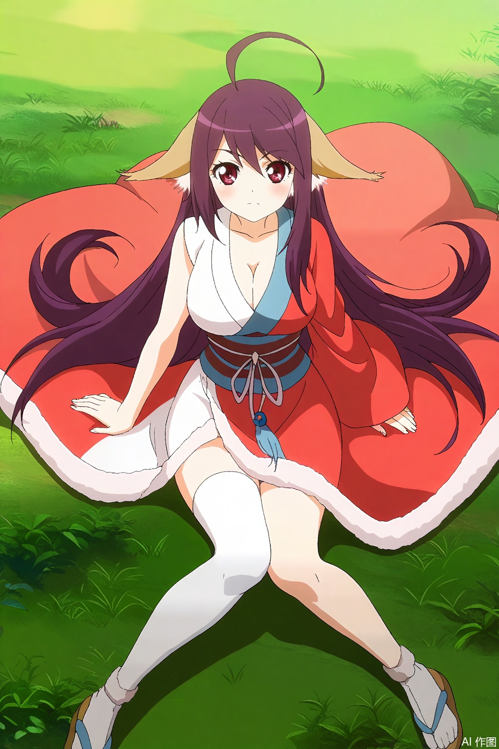 1girl, solo, long hair, breasts, looking at viewer, large breasts, red eyes, thighhighs, animal ears, cleavage, very long hair, purple hair, ahoge, japanese clothes, kimono, sash, antenna hair, single sleeve,masterpiece,best quality,official art,extremely detailed CG unity 8k wallpaper,,Thigh exposed,thighhighs,looking at viewer,in a meadow,