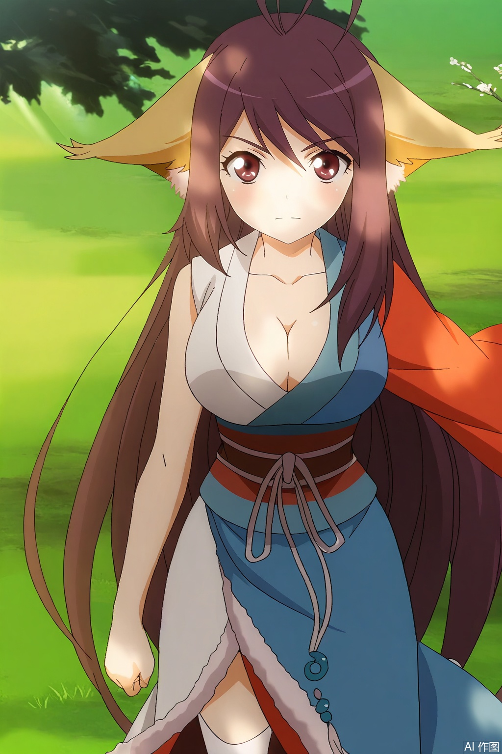 1girl, solo, long hair, breasts, looking at viewer, large breasts, red eyes, thighhighs, animal ears, cleavage, very long hair, purple hair, ahoge, japanese clothes, kimono, sash, antenna hair, single sleeve,masterpiece,best quality,official art,extremely detailed CG unity 8k wallpaper,,Thigh exposed,thighhighs,looking at viewer,in a meadow,