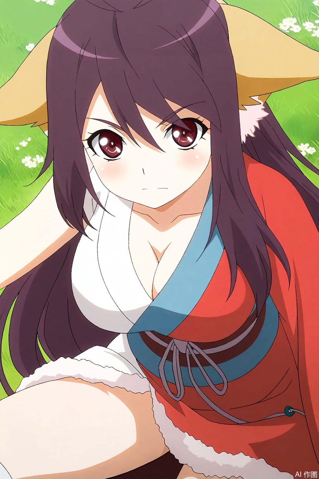 1girl, solo, long hair, breasts, looking at viewer, large breasts, red eyes, thighhighs, animal ears, cleavage, very long hair, purple hair, ahoge, japanese clothes, kimono, sash, antenna hair, single sleeve,masterpiece,best quality,official art,extremely detailed CG unity 8k wallpaper,,Thigh exposed,thighhighs,looking at viewer,in a meadow,