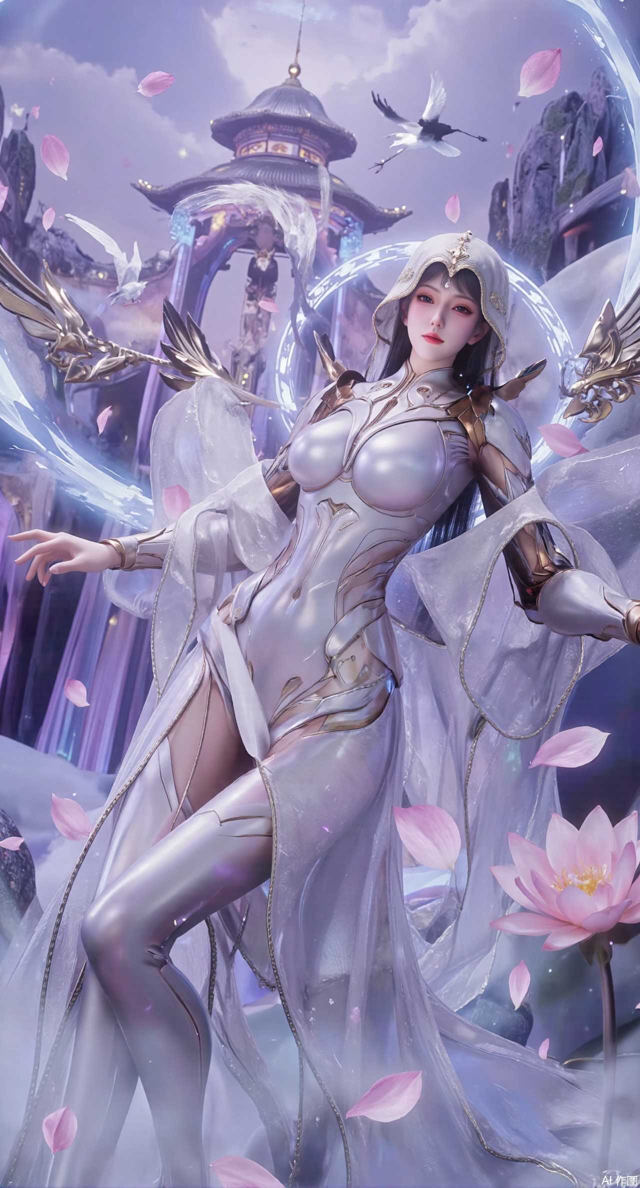 SFW,(masterpiece:1.2),best quality,1girl,solo,long hair,long dress,celestial maiden in flowing tulle gown levitates above lotus pond, ethereal mist trails from hair ribbons, mythical Penglai paradise emerges through clouds with glowing pavilions, translucent bioluminescent lotus blooms, flock of cranes gliding over water surface, ultra HD with soft 3D rendering, morning light filters through mist, falling petal rain, intricate details on scale-patterned fabric and lotus veins.(huge breasts:2.99),(full breasts:2.99),XanmiaoyiY,XhuolingerHHY,XwangqiuerKQW,Xxuenv,Xnanqiuqiu,Xhuangnv,XchuxuanerX,XchuxuanerXY,XyunyunX,XqingnvzongZM,XanmiaoyiXY,Xaichen,large natural breast,soft breasts,XbaiyuerongY,Xhuanlingwang