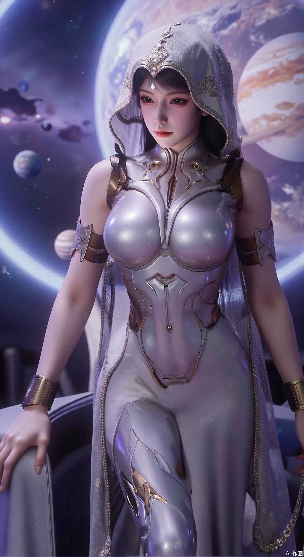 SFW,(masterpiece:1.2),best quality,absurdres,masterpiece,original,extremely detailed wallpaper,perfect lighting,1girl,solo,looking at viewer,(cowboy_shot:1.3),long hair,high heels,blurry background,depth of field,motion blur,(long dress:1.23),crystal_earrings,headpiece,hair_tie,chest_jewel,gem,necklace,jewelry,in summer,day,outdoors,nature,(Space, planetary belt, Earth, Mercury, Venus, Mars, Jupiter, Saturn, Sun in the background:1.59),(huge breasts:2.99),(full breasts:2.99),,large natural breast,soft breasts,XqingnvzongZM,XanmiaoyiXY,Xaichen,Xhuanlingwang