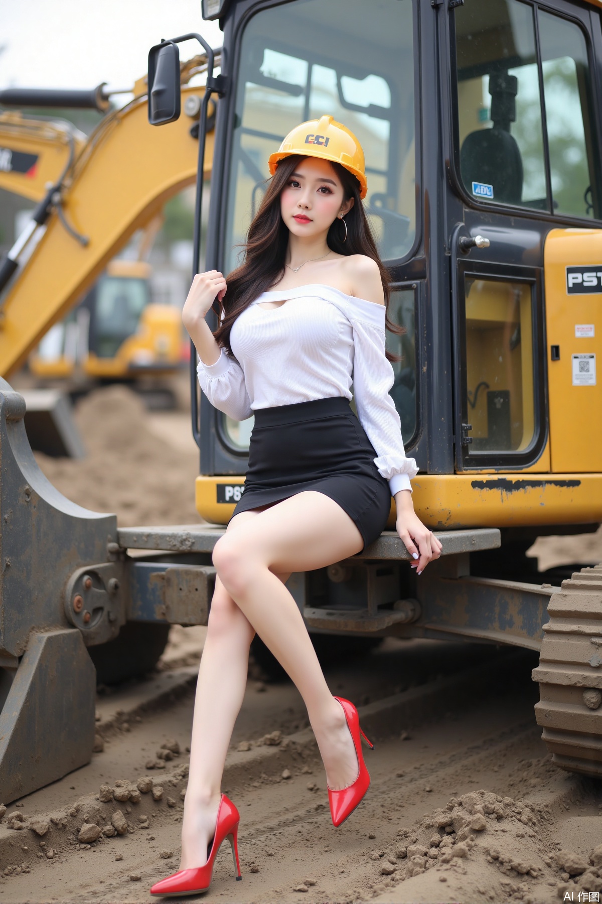 Realistic photo of a young woman with long hair, hard hat, fair skin, big breast, off-shoulder shirt, short pencil skirt, long legs, red high heels, full body, sitting, excavator, construction site,