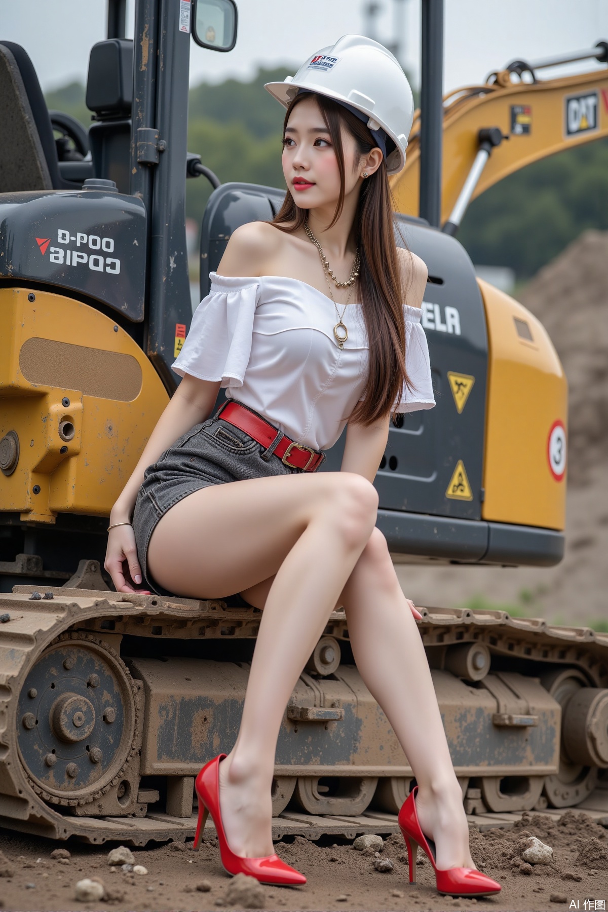 Realistic photo of a young woman with long hair, hard hat, fair skin, big breast, off-shoulder shirt, short pencil skirt, long legs, red high heels, full body, sitting, excavator, construction site,