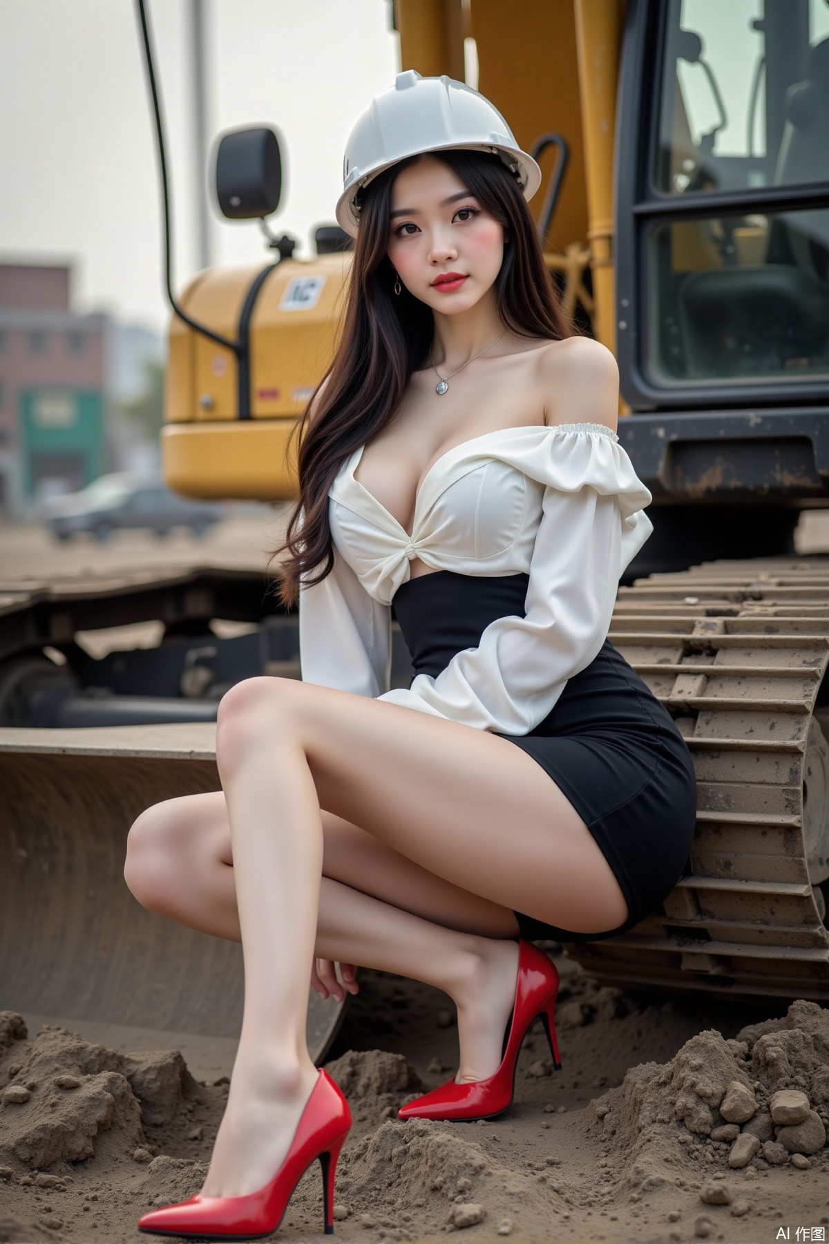 Realistic photo of a young woman with long hair, hard hat, fair skin, big breast, off-shoulder shirt, short pencil skirt, long legs, red high heels, full body, sitting, excavator, construction site,