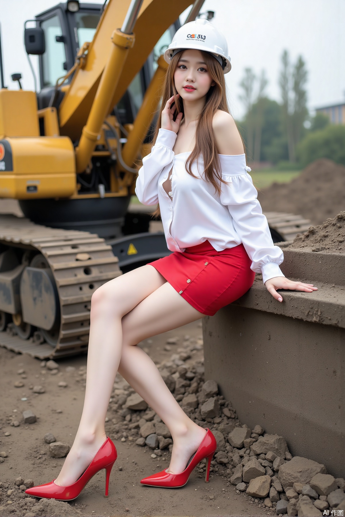 Realistic photo of a young woman with long hair, hard hat, fair skin, big breast, off-shoulder shirt, short pencil skirt, long legs, red high heels, full body, sitting, excavator, construction site,