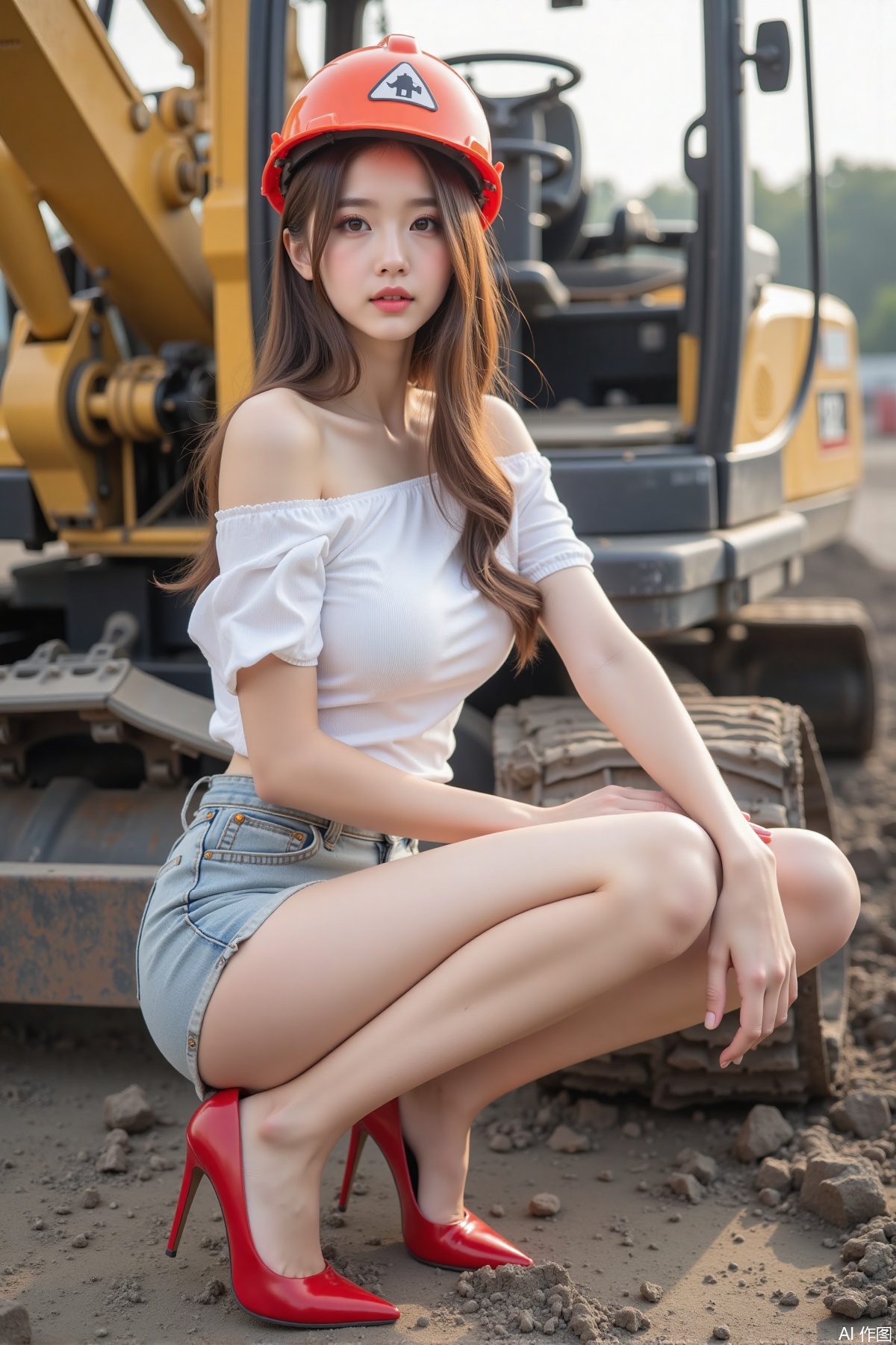 Realistic photo of a young woman with long hair, hard hat, fair skin, big breast, off-shoulder shirt, short pencil skirt, long legs, red high heels, full body, sitting, excavator, construction site,