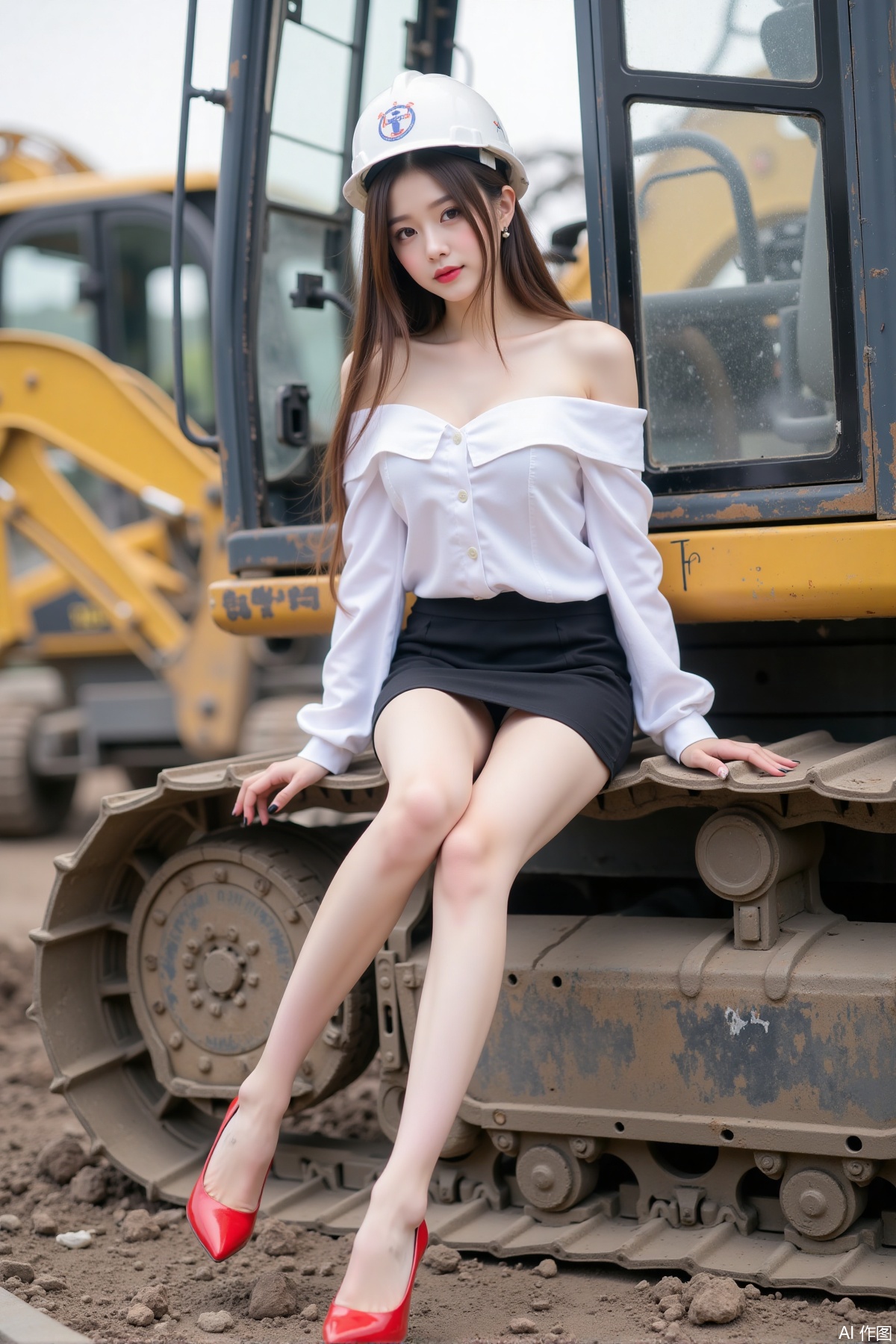 Realistic photo of a young woman with long hair, hard hat, fair skin, big breast, off-shoulder shirt, short pencil skirt, long legs, red high heels, full body, sitting, excavator, construction site,
