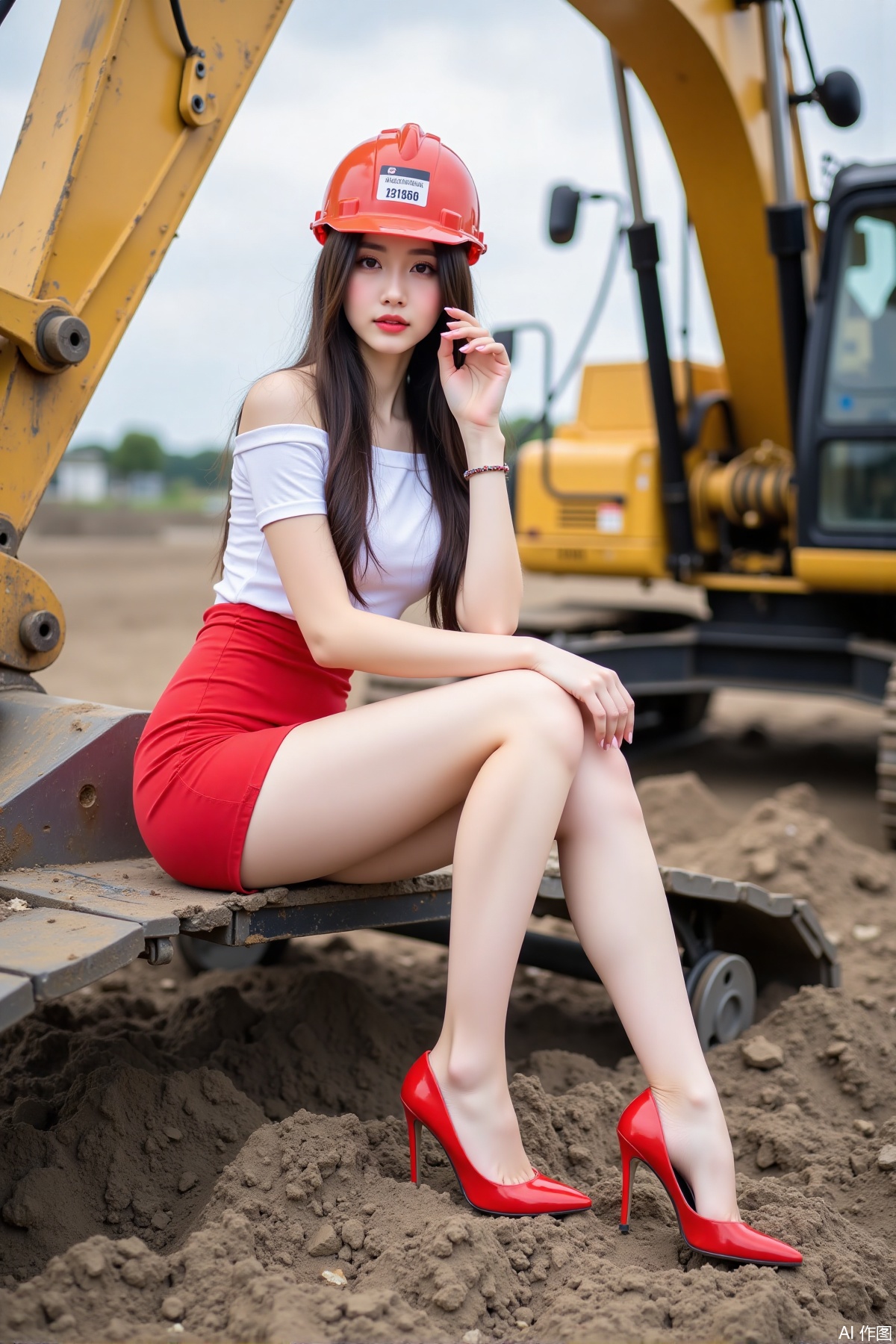 Realistic photo of a young woman with long hair, hard hat, fair skin, big breast, off-shoulder shirt, short pencil skirt, long legs, red high heels, full body, sitting, excavator, construction site,
