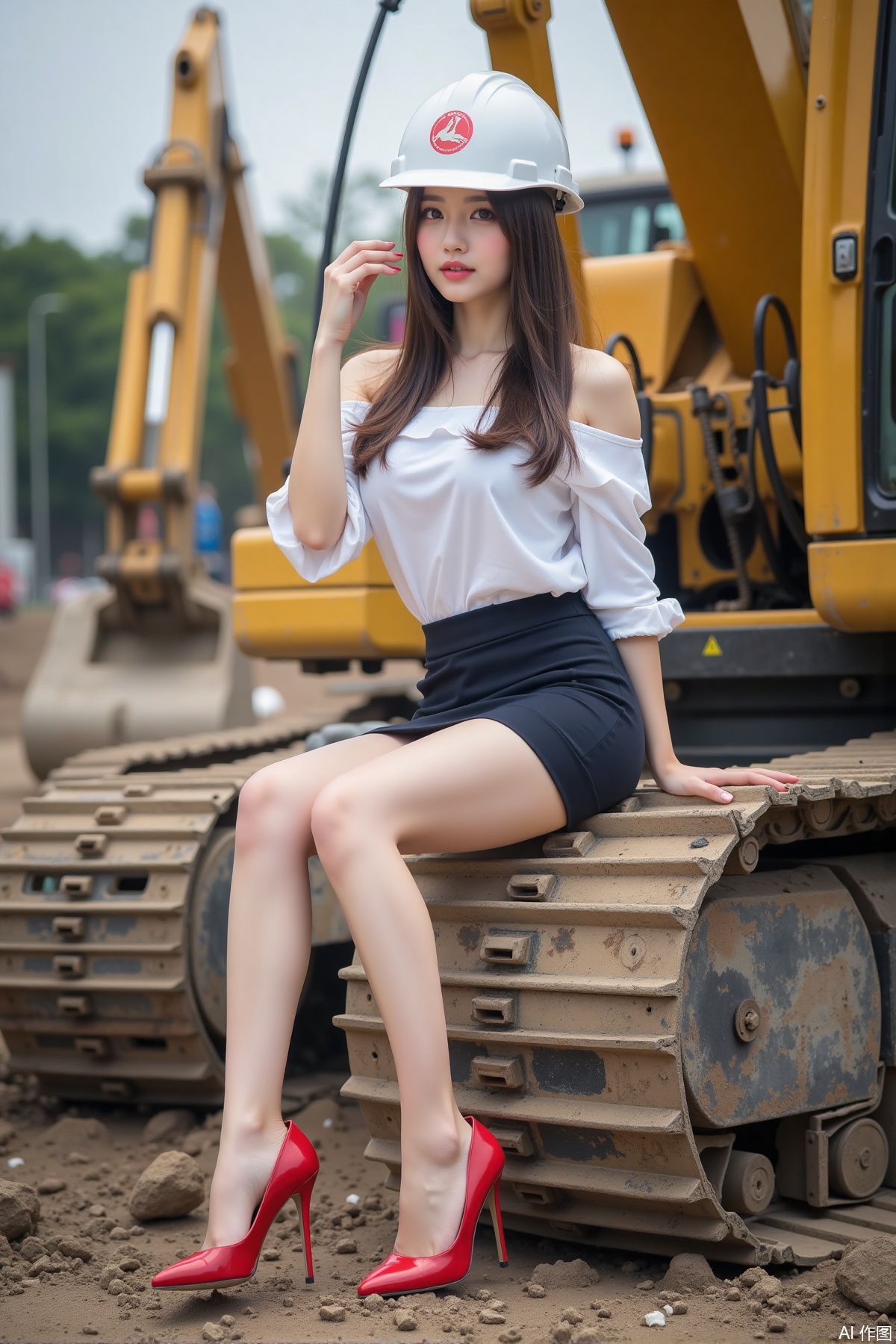 Realistic photo of a young woman with long hair, hard hat, fair skin, big breast, off-shoulder shirt, short pencil skirt, long legs, red high heels, full body, sitting, excavator, construction site,