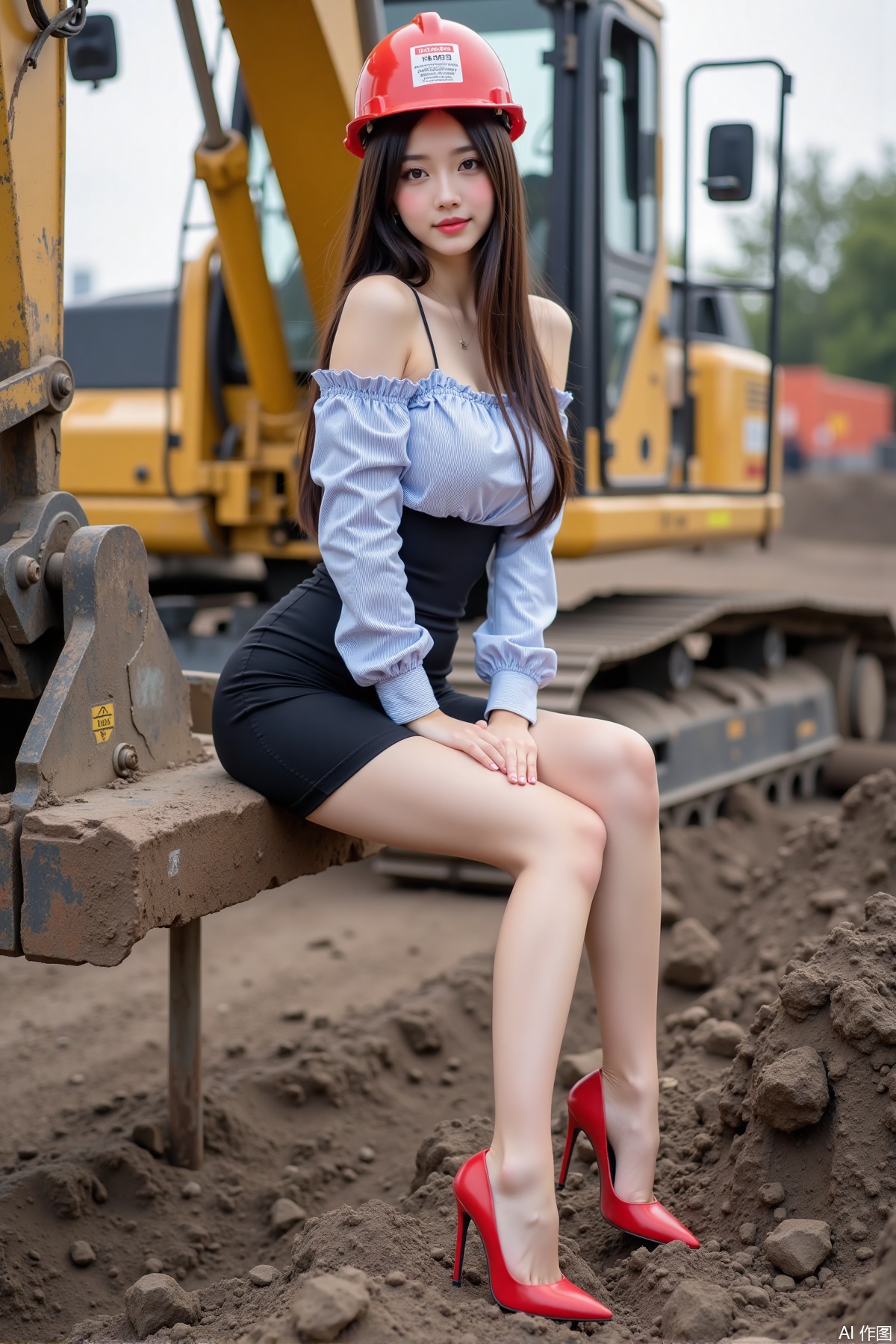 Realistic photo of a young woman with long hair, hard hat, fair skin, big breast, off-shoulder shirt, short pencil skirt, long legs, red high heels, full body, sitting, excavator, construction site,