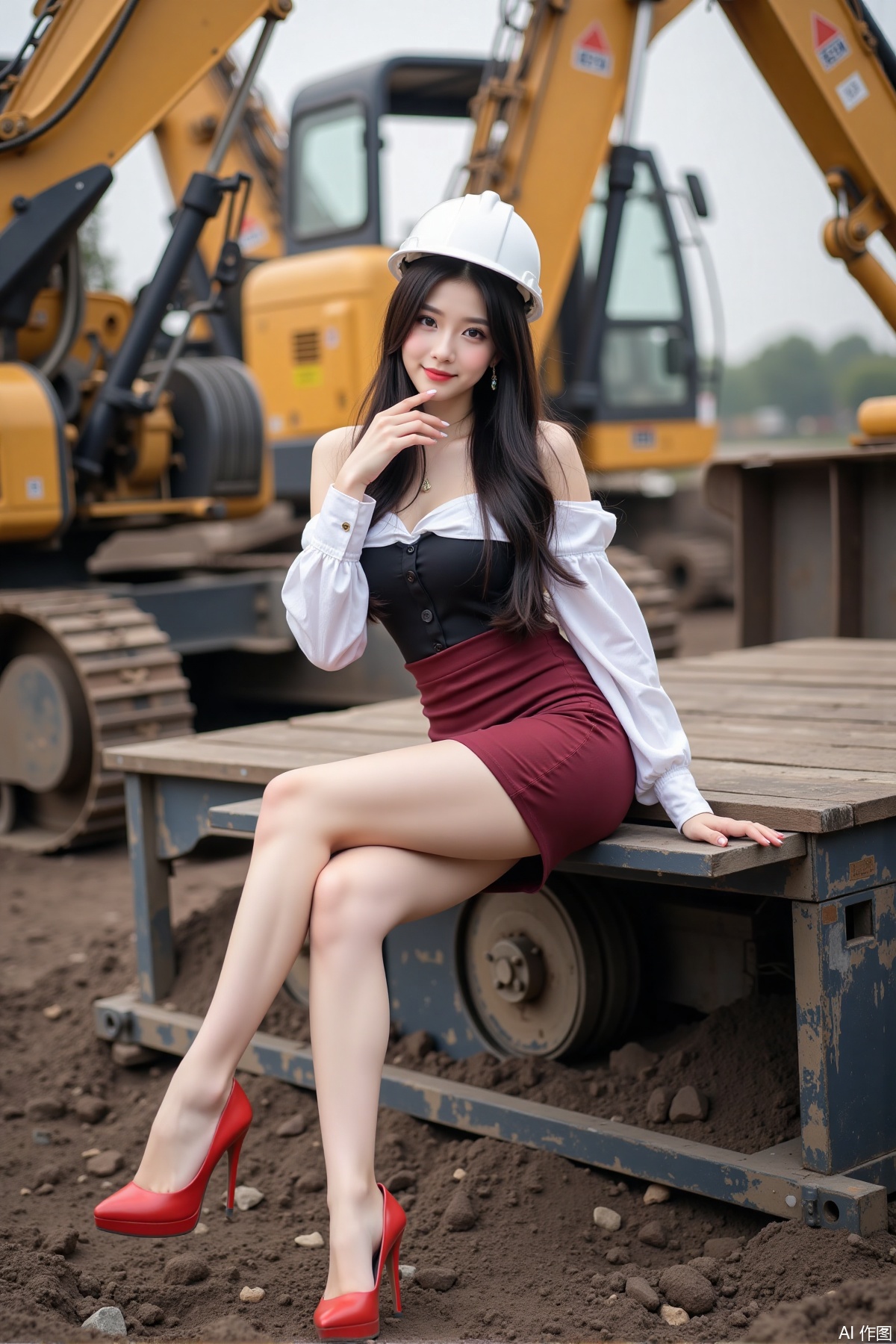 Realistic photo of a young woman with long hair, hard hat, fair skin, big breast, off-shoulder shirt, short pencil skirt, long legs, red high heels, full body, sitting, excavator, construction site,