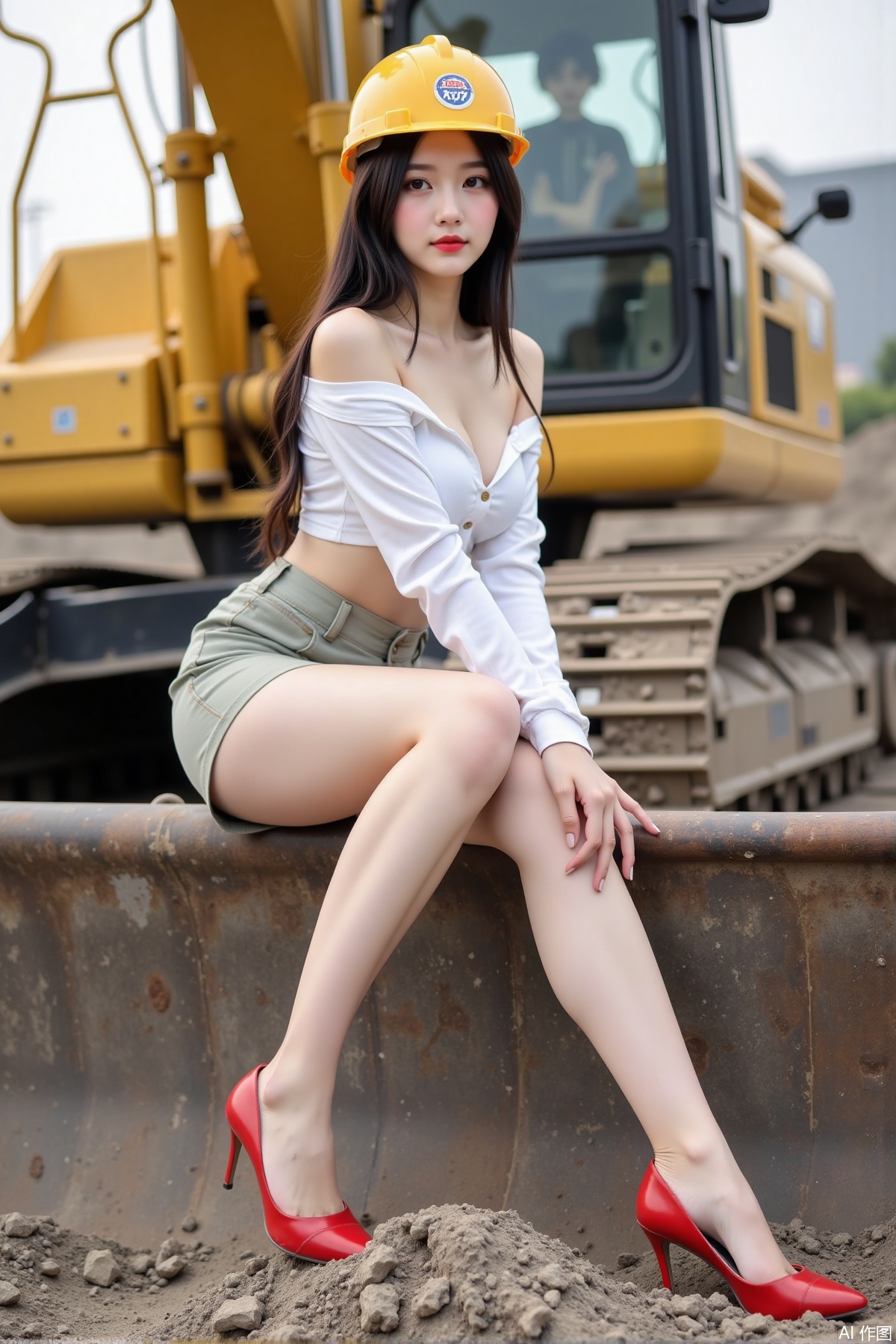 Realistic photo of a young woman with long hair, hard hat, fair skin, big breast, off-shoulder shirt, short pencil skirt, long legs, red high heels, full body, sitting, excavator, construction site,