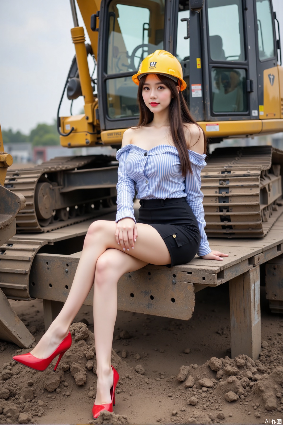 Realistic photo of a young woman with long hair, hard hat, fair skin, big breast, off-shoulder shirt, short pencil skirt, long legs, red high heels, full body, sitting, excavator, construction site,