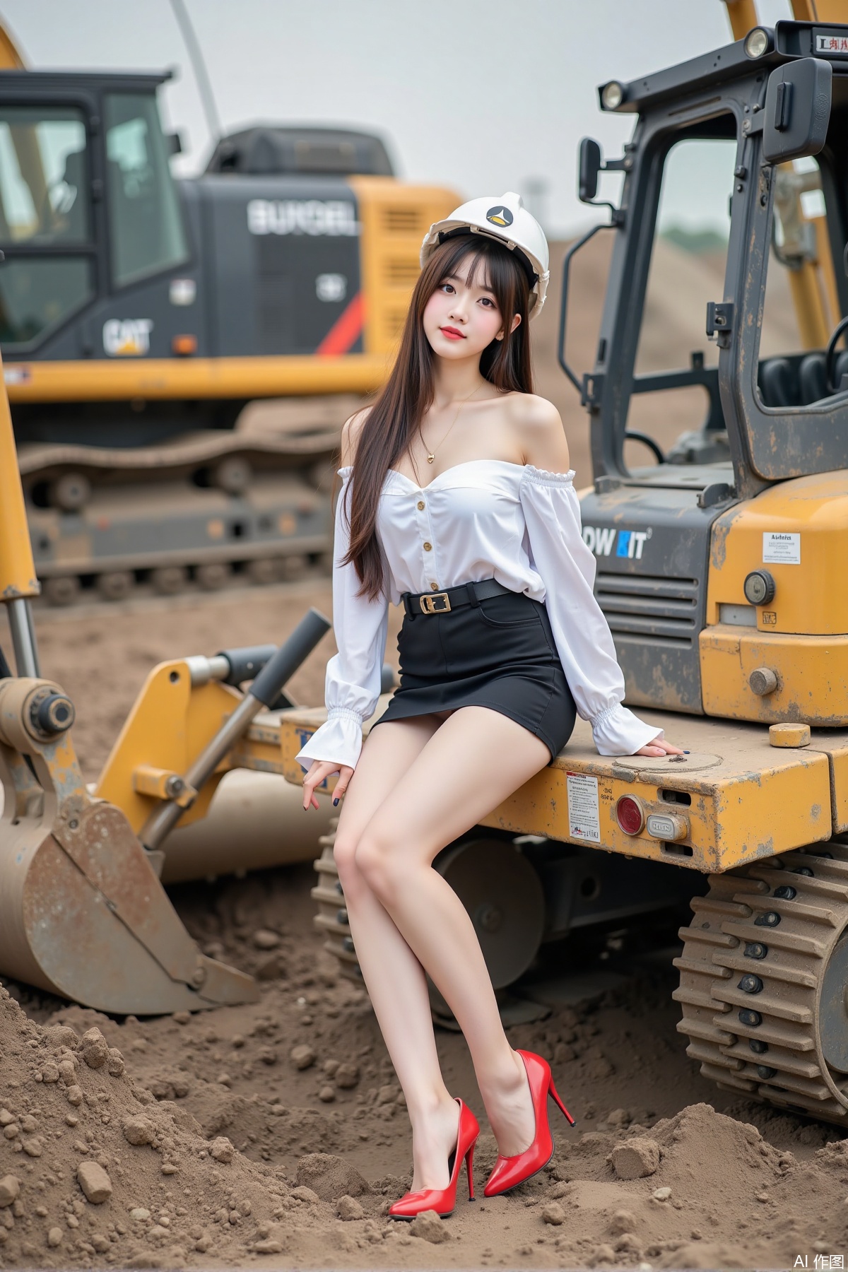 Realistic photo of a young woman with long hair, hard hat, fair skin, big breast, off-shoulder shirt, short pencil skirt, long legs, red high heels, full body, sitting, excavator, construction site,
