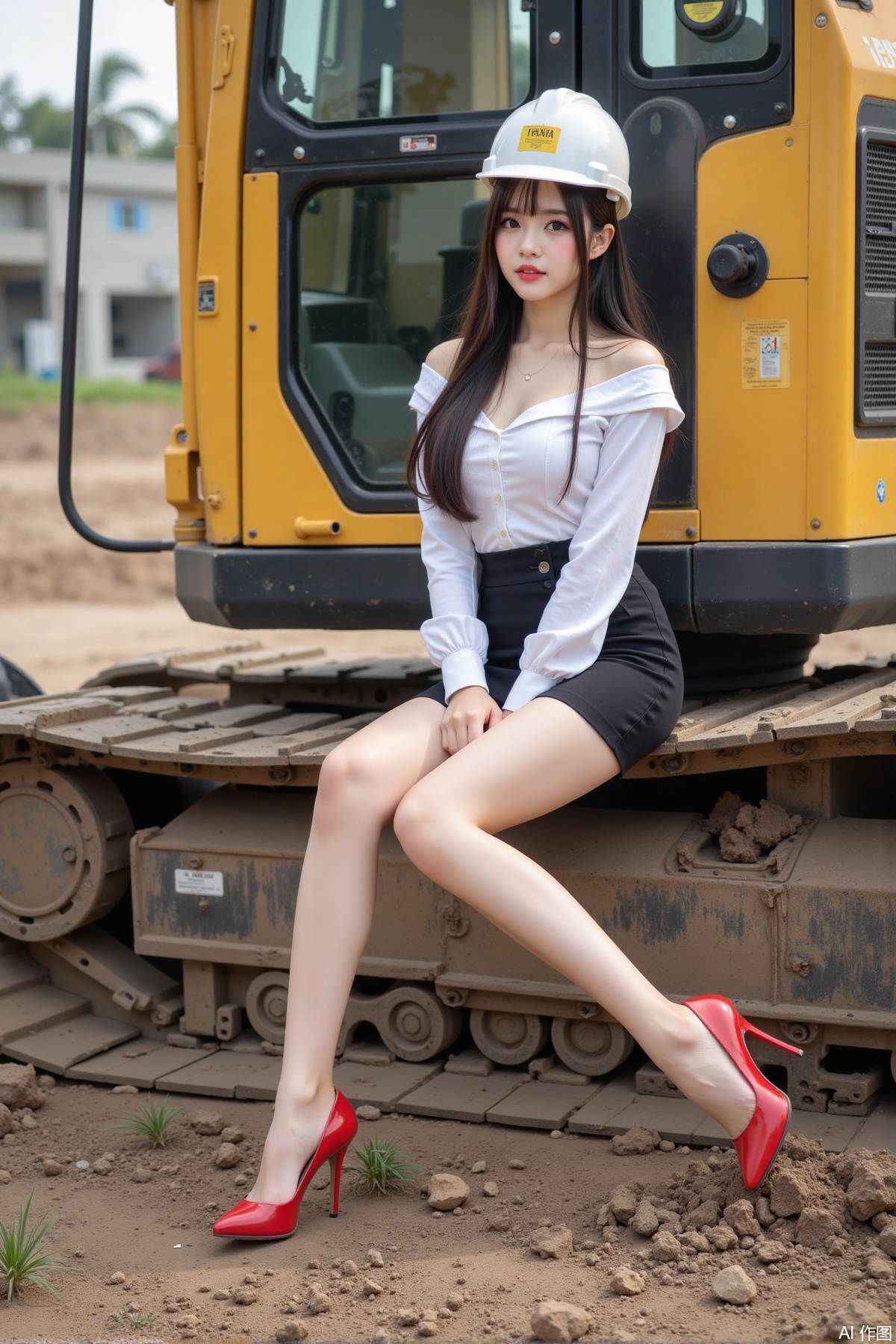 Realistic photo of a young woman with long hair, hard hat, fair skin, big breast, off-shoulder shirt, short pencil skirt, long legs, red high heels, full body, sitting, excavator, construction site,