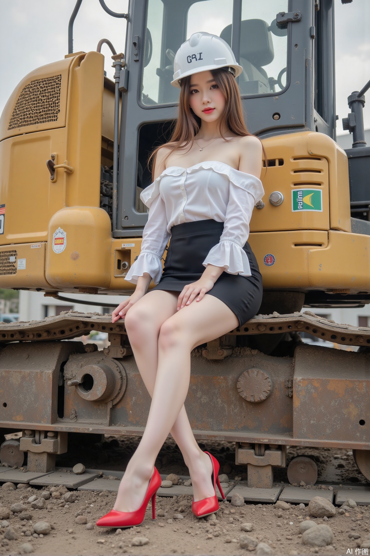 Realistic photo of a young woman with long hair, hard hat, fair skin, big breast, off-shoulder shirt, short pencil skirt, long legs, red high heels, full body, sitting, excavator, construction site,
