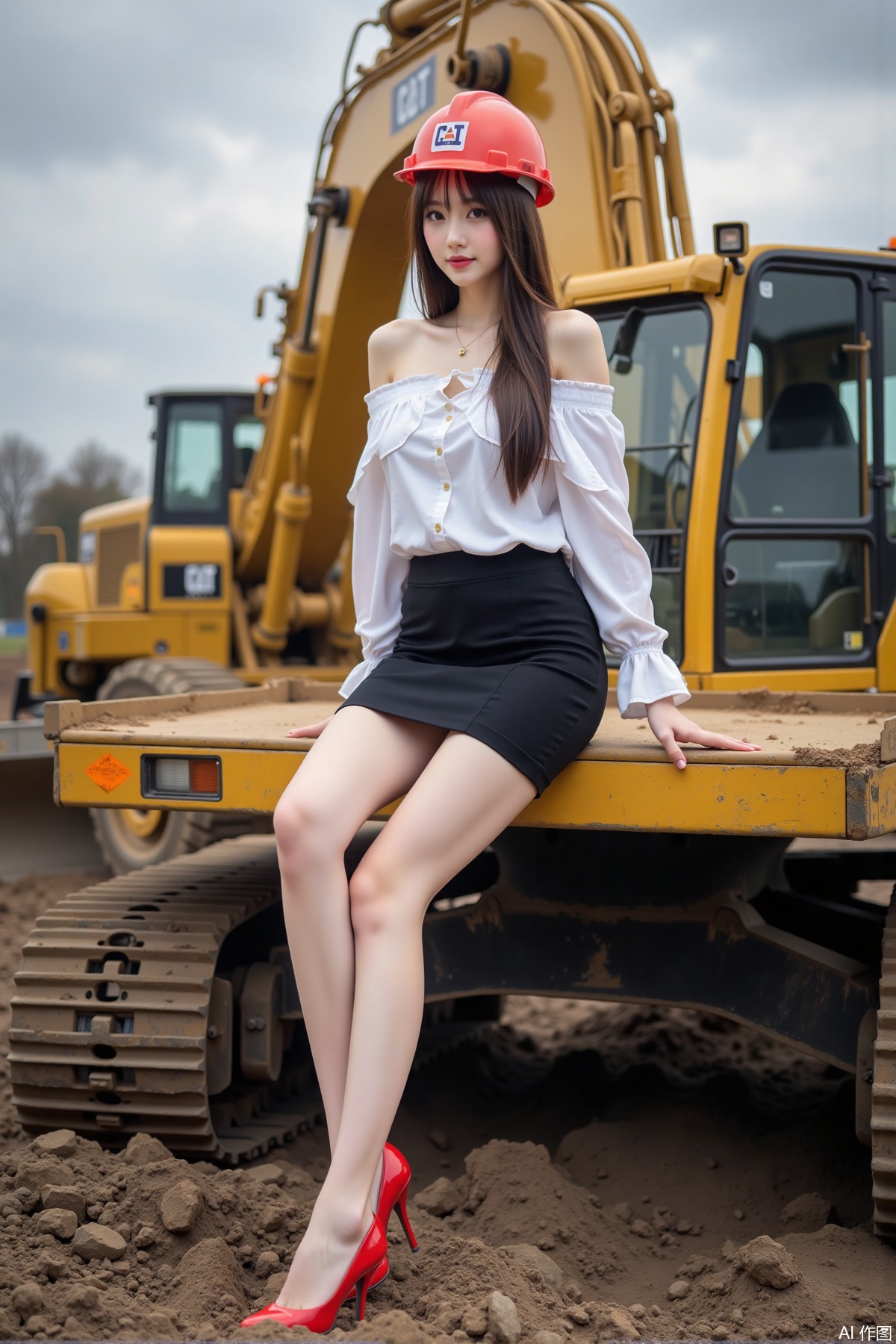 Realistic photo of a young woman with long hair, hard hat, fair skin, big breast, off-shoulder shirt, short pencil skirt, long legs, red high heels, full body, sitting, excavator, construction site,
