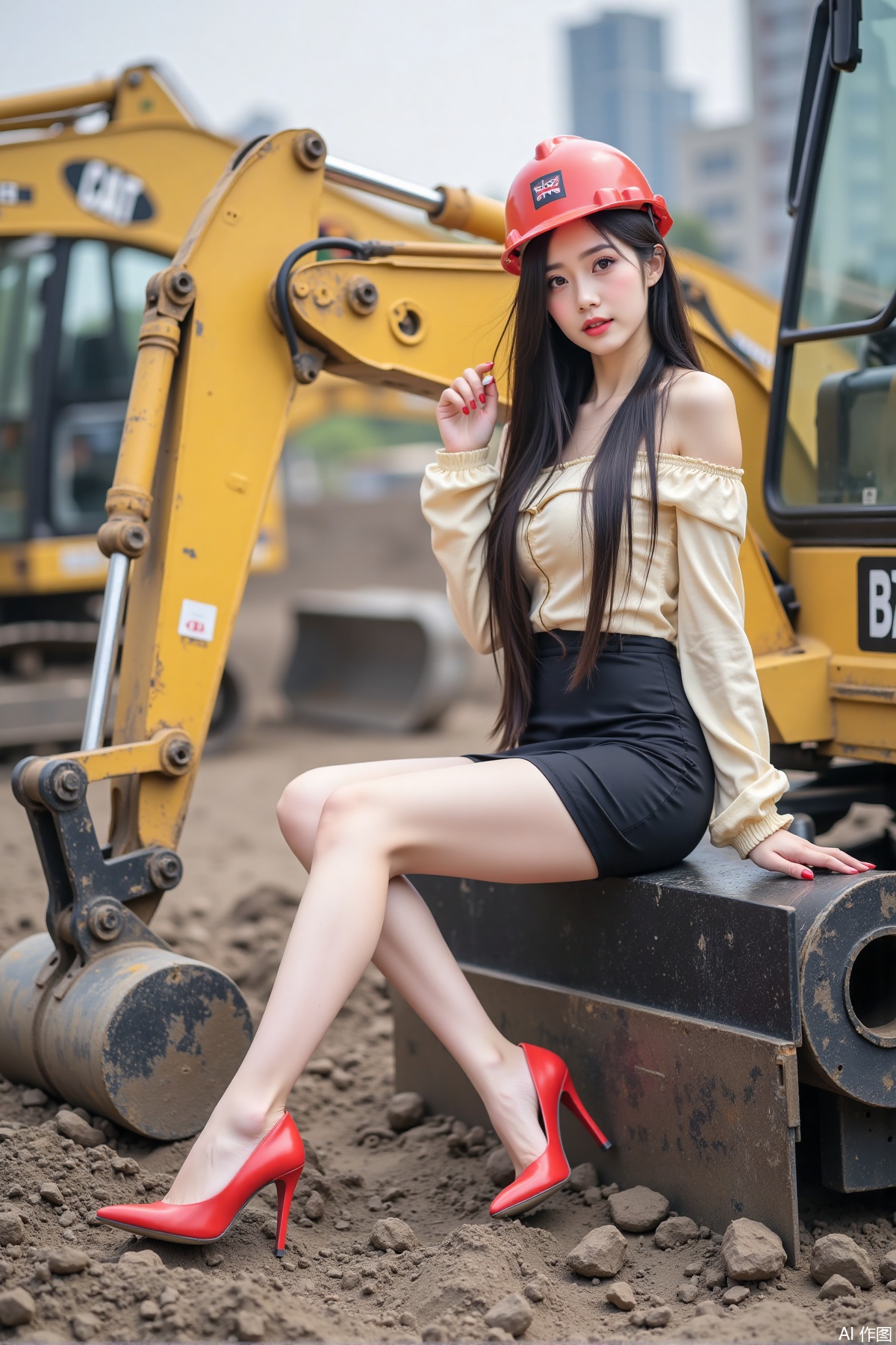 Realistic photo of a young woman with long hair, hard hat, fair skin, big breast, off-shoulder shirt, short pencil skirt, long legs, red high heels, full body, sitting, excavator, construction site,