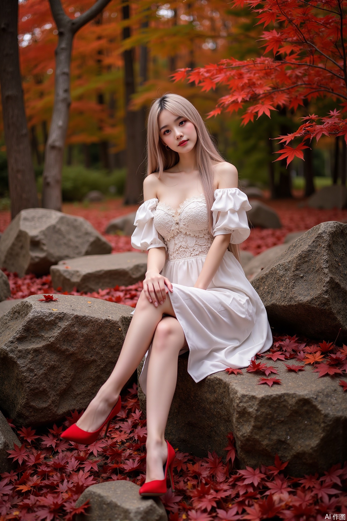 Realistic photo of a young woman with long hair, fair skin, big breasts, off-shoulder lace dress, long legs, red high heels, sitting on rock reef, maple trees, red maple leaves all over the ground,