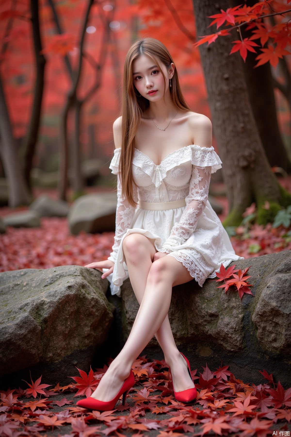 Realistic photo of a young woman with long hair, fair skin, big breasts, off-shoulder lace dress, long legs, red high heels, sitting on rock reef, maple trees, red maple leaves all over the ground,