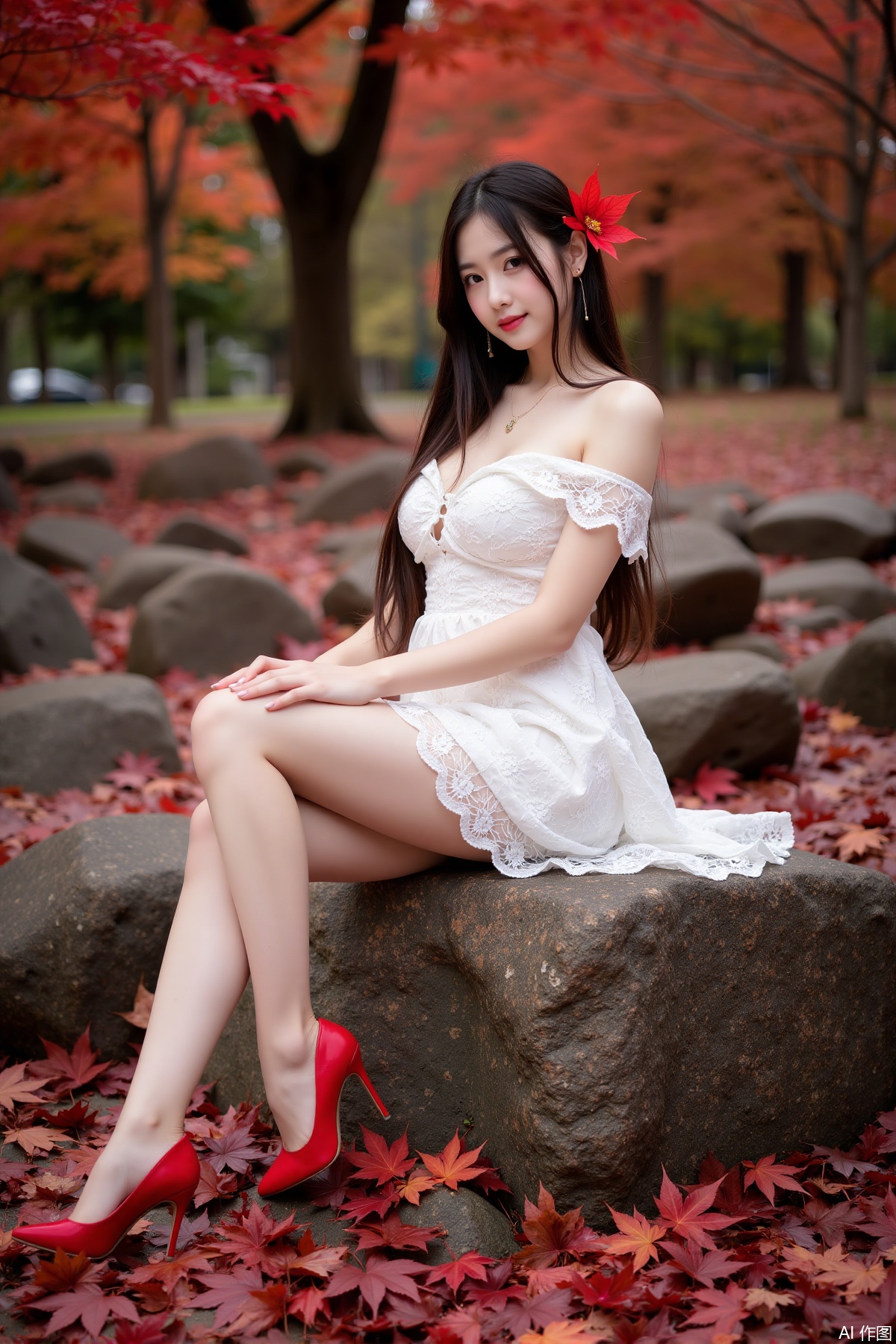 Realistic photo of a young woman with long hair, fair skin, big breasts, off-shoulder lace dress, long legs, red high heels, sitting on rock reef, maple trees, red maple leaves all over the ground,