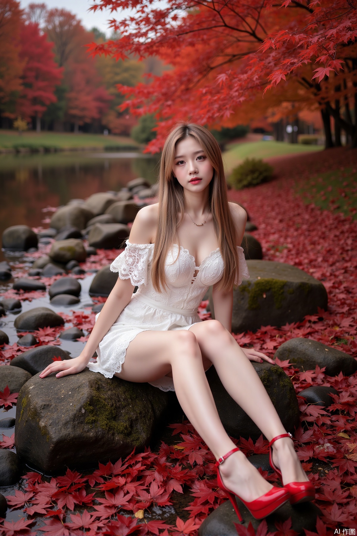 Realistic photo of a young woman with long hair, fair skin, big breasts, off-shoulder lace dress, long legs, red high heels, sitting on rock reef, maple trees, red maple leaves all over the ground,
