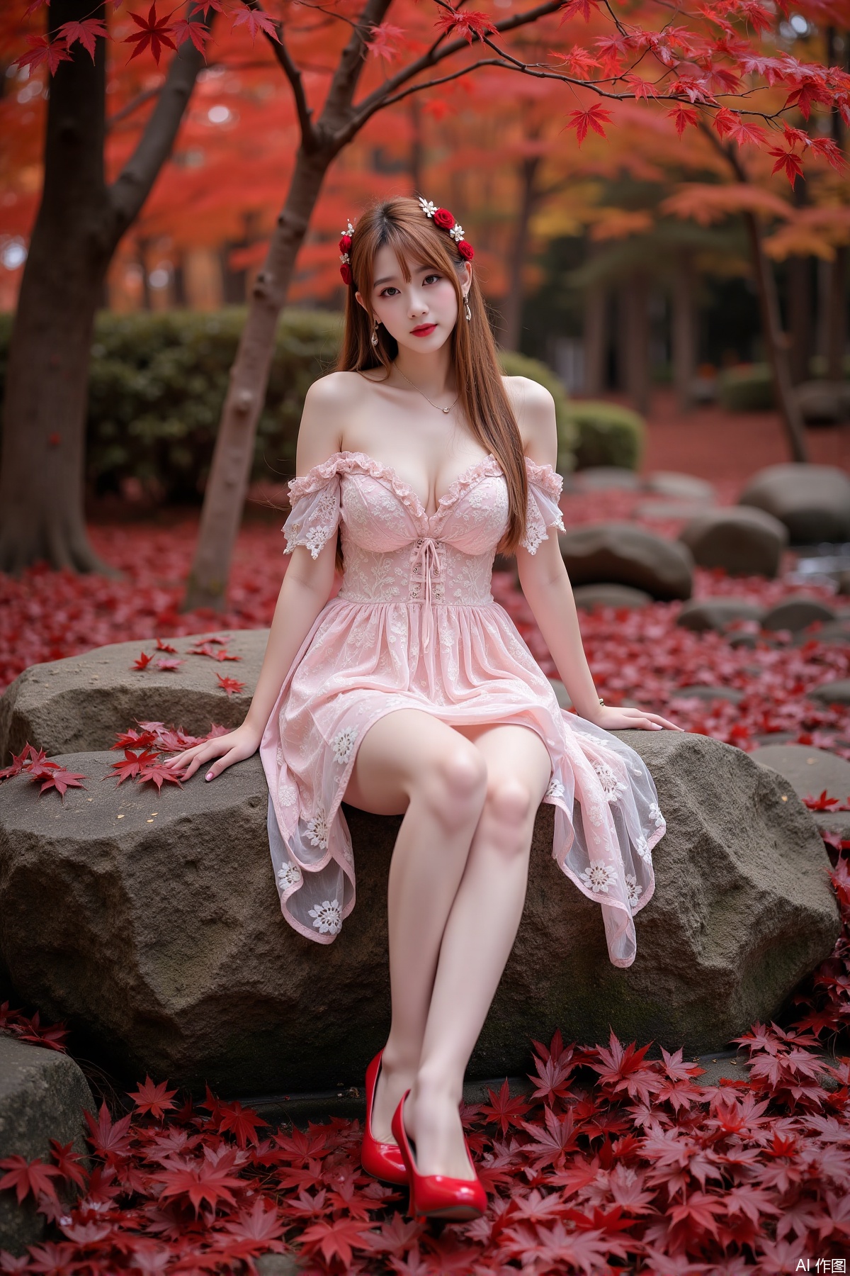 Realistic photo of a young woman with long hair, fair skin, big breasts, off-shoulder lace dress, long legs, red high heels, sitting on rock reef, maple trees, red maple leaves all over the ground,