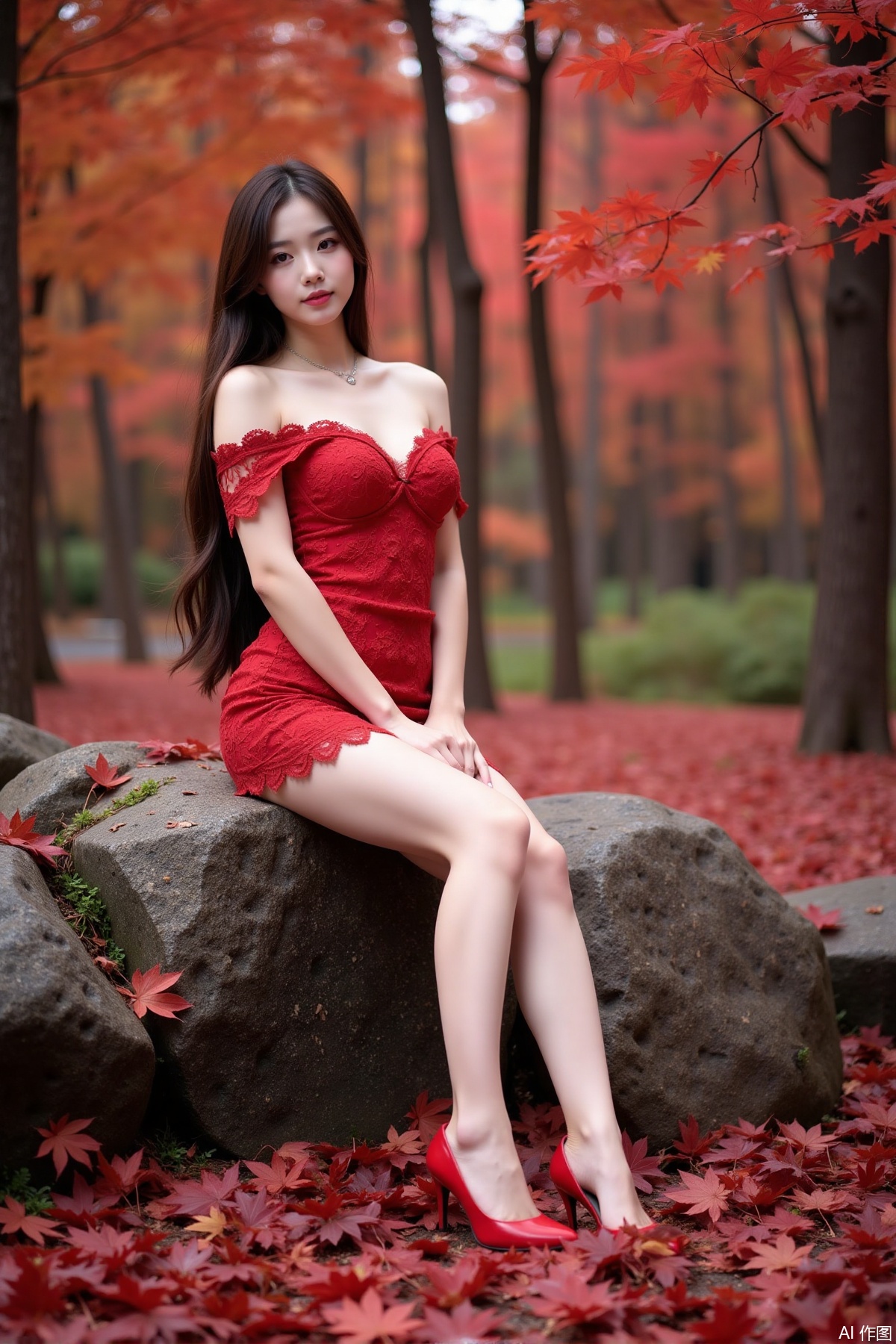 Realistic photo of a young woman with long hair, fair skin, big breasts, off-shoulder lace dress, long legs, red high heels, sitting on rock reef, maple trees, red maple leaves all over the ground,