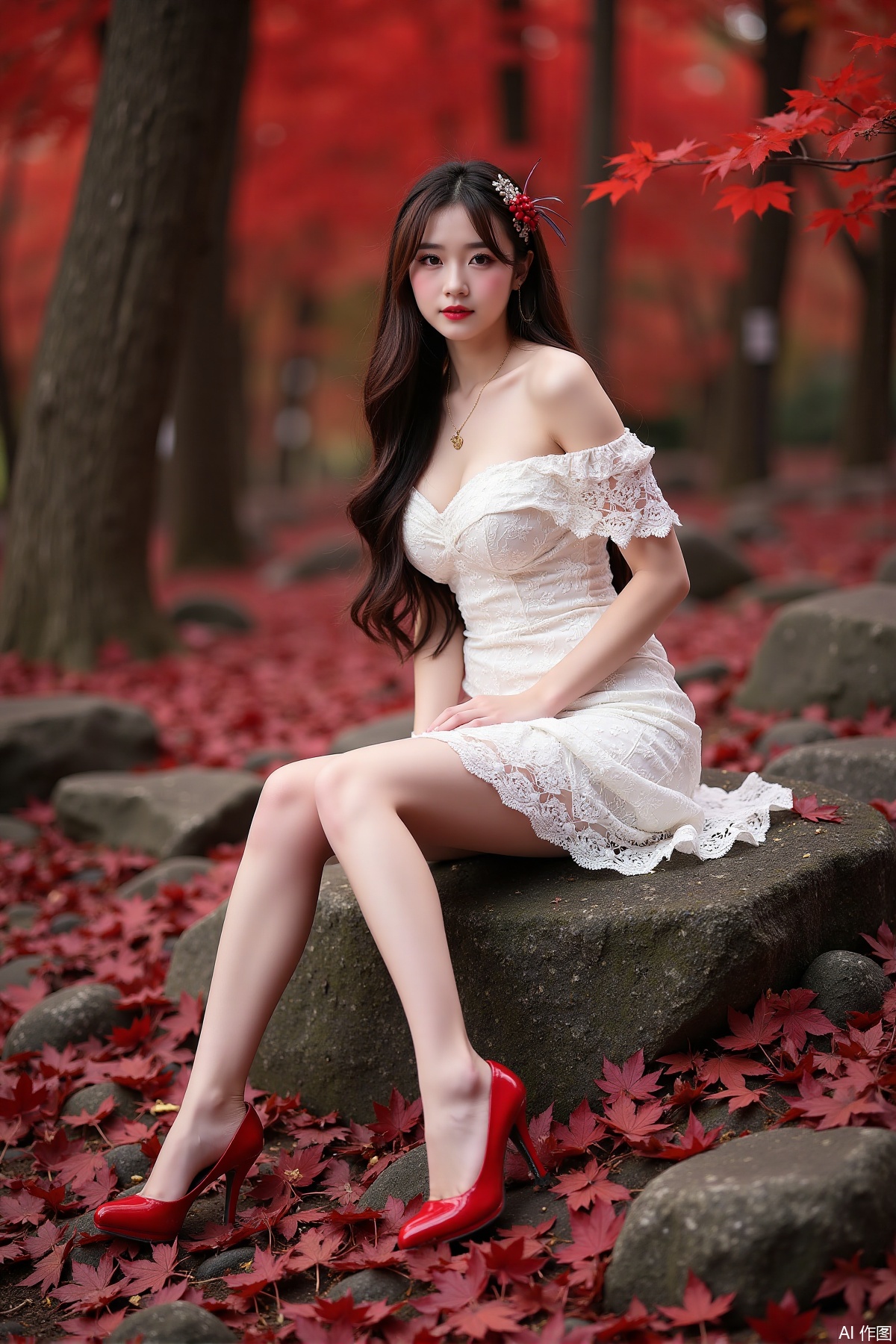 Realistic photo of a young woman with long hair, fair skin, big breasts, off-shoulder lace dress, long legs, red high heels, sitting on rock reef, maple trees, red maple leaves all over the ground,