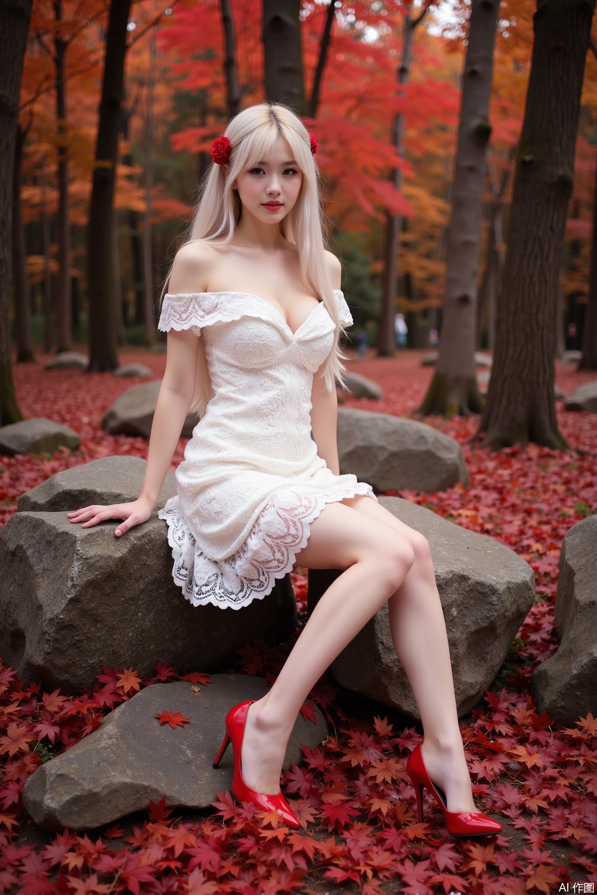 Realistic photo of a young woman with long hair, fair skin, big breasts, off-shoulder lace dress, long legs, red high heels, sitting on rock reef, maple trees, red maple leaves all over the ground,