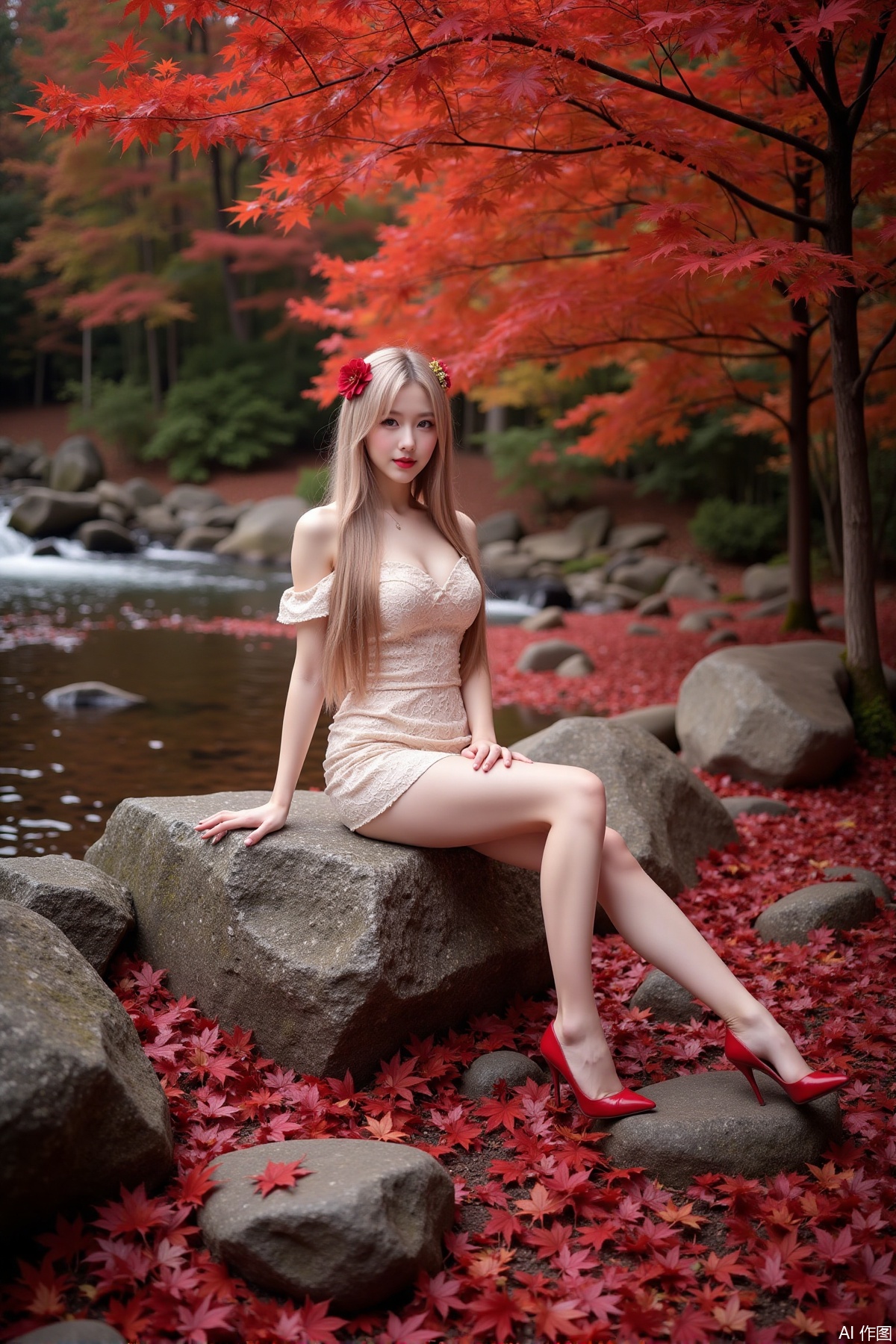 Realistic photo of a young woman with long hair, fair skin, big breasts, off-shoulder lace dress, long legs, red high heels, sitting on rock reef, maple trees, red maple leaves all over the ground,