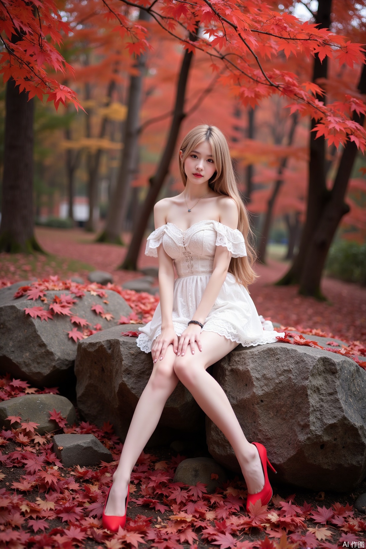 Realistic photo of a young woman with long hair, fair skin, big breasts, off-shoulder lace dress, long legs, red high heels, sitting on rock reef, maple trees, red maple leaves all over the ground,
