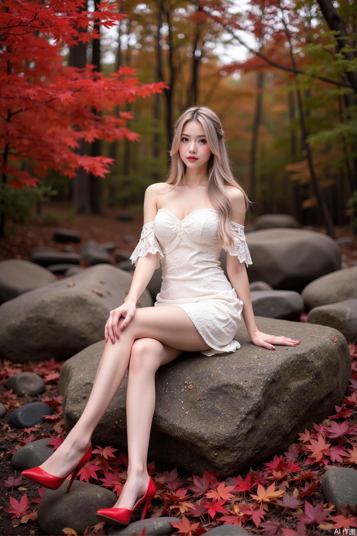 Realistic photo of a young woman with long hair, fair skin, big breasts, off-shoulder lace dress, long legs, red high heels, sitting on rock reef, maple trees, red maple leaves all over the ground,