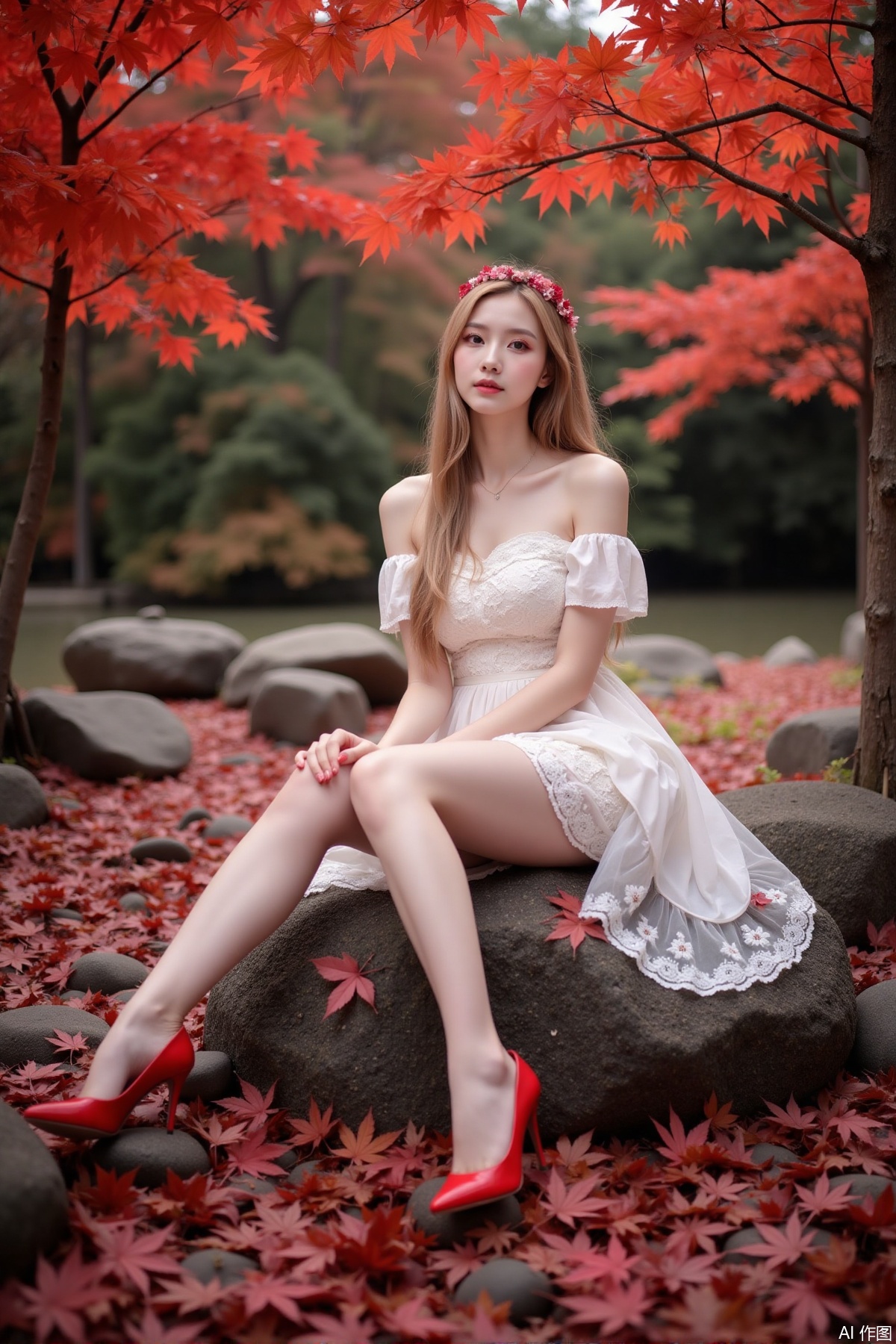 Realistic photo of a young woman with long hair, fair skin, big breasts, off-shoulder lace dress, long legs, red high heels, sitting on rock reef, maple trees, red maple leaves all over the ground,