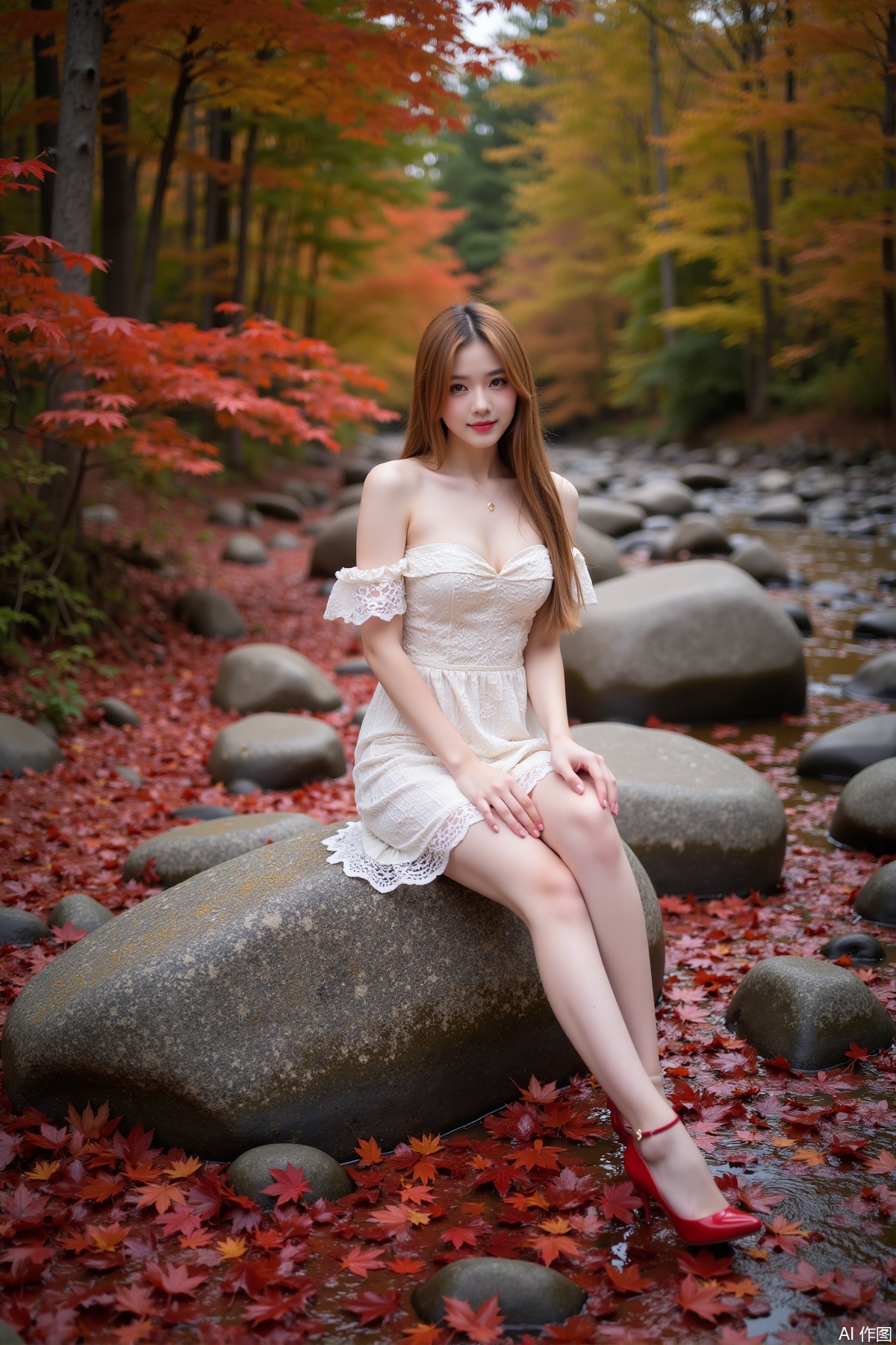 Realistic photo of a young woman with long hair, fair skin, big breasts, off-shoulder lace dress, long legs, red high heels, sitting on rock reef, maple trees, red maple leaves all over the ground,