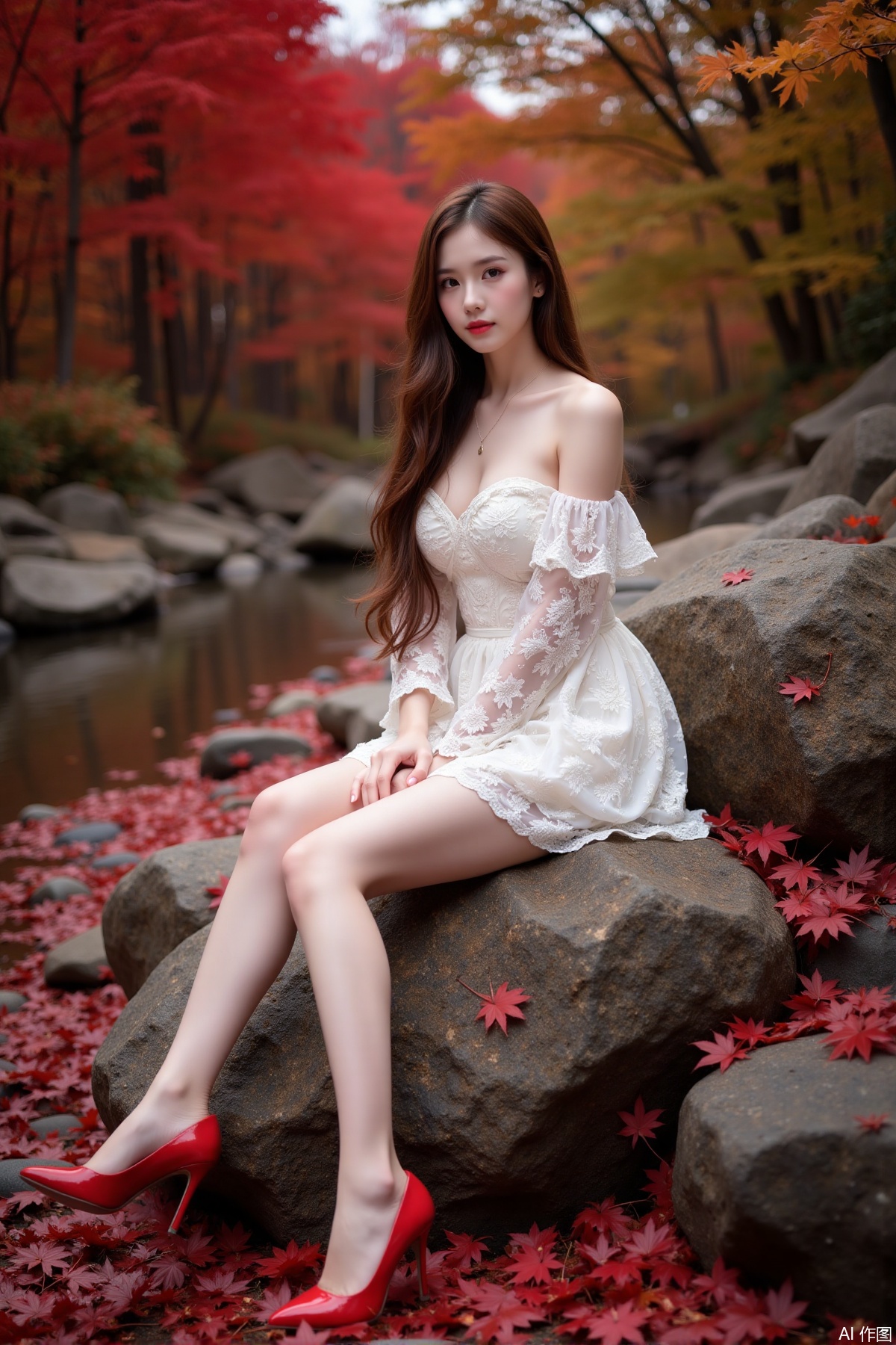 Realistic photo of a young woman with long hair, fair skin, big breasts, off-shoulder lace dress, long legs, red high heels, sitting on rock reef, maple trees, red maple leaves all over the ground,