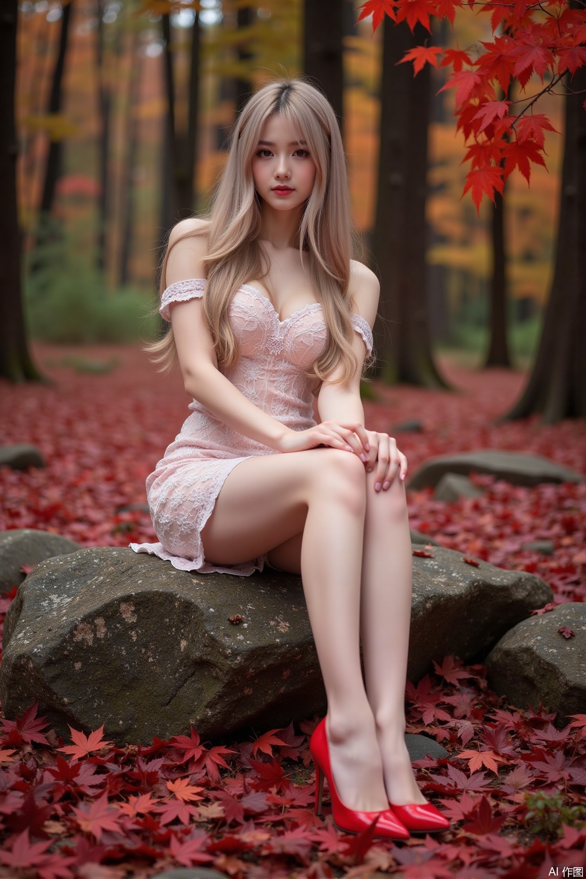 Realistic photo of a young woman with long hair, fair skin, big breasts, off-shoulder lace dress, long legs, red high heels, sitting on rock reef, maple trees, red maple leaves all over the ground,