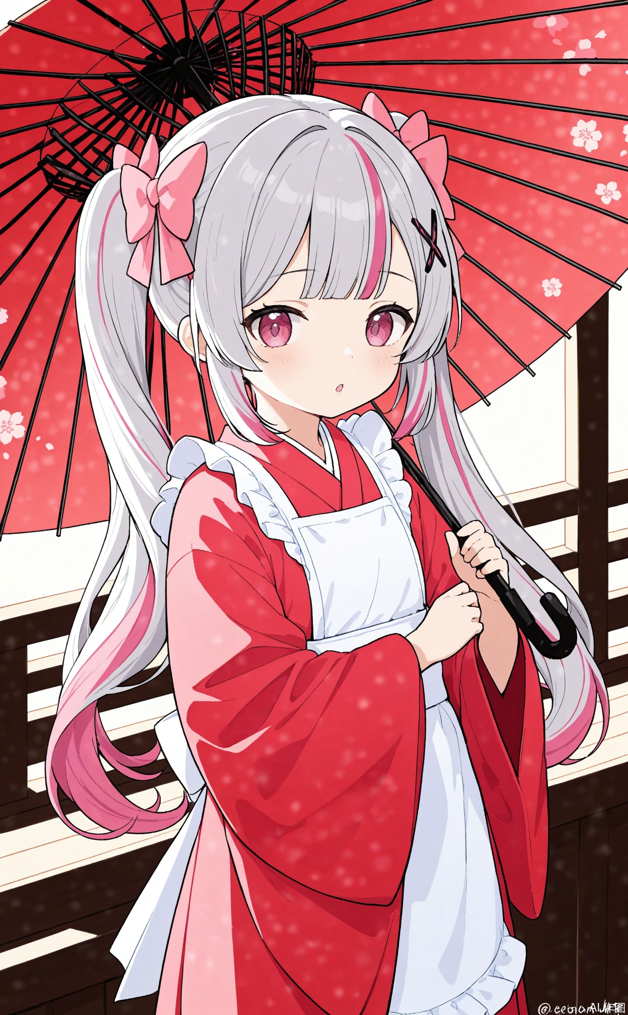 1girl, solo, long hair, looking at viewer, blush, bangs, hair ornament, long sleeves, bow, holding, twintails, very long hair, pink hair, hair bow, grey hair, multicolored hair, frills, parted lips, japanese clothes, hairclip, wide sleeves, pink eyes, kimono, twitter username, :o, apron, streaked hair, umbrella, x hair ornament, pink bow, white apron, frilled apron, holding umbrella, oil-paper umbrella, pink kimono,female child,