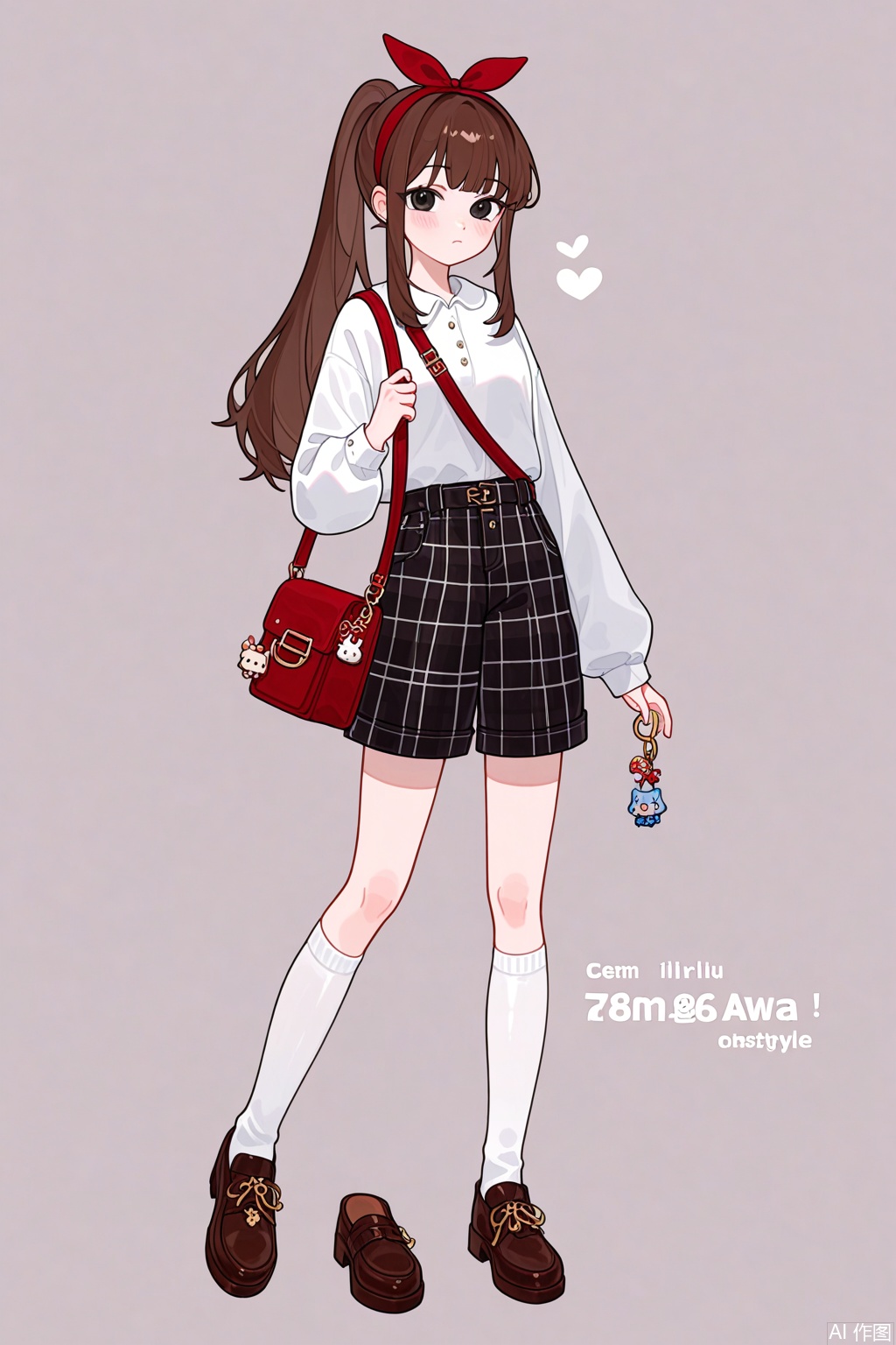 very awa,748cmstyle,748cm,(taro-k:0.5),(opossumachine:0.3),(maccha \mochancc\:0.25),xxx667_illu,
\\\\\\\\\\\\\\,
alternate costume, solo, bag, looking at viewer, blush, plaid, charm (object), bag charm, bangs, contemporary, sidelocks, jewelry, character name, female woman, white background, \\\\\\\\\ ,
ruirui, 1girl,brown hair,shorts,brown footwear,white shirt,long hair, black eyes,white kneehighs socks,ponytail,red hairband,
