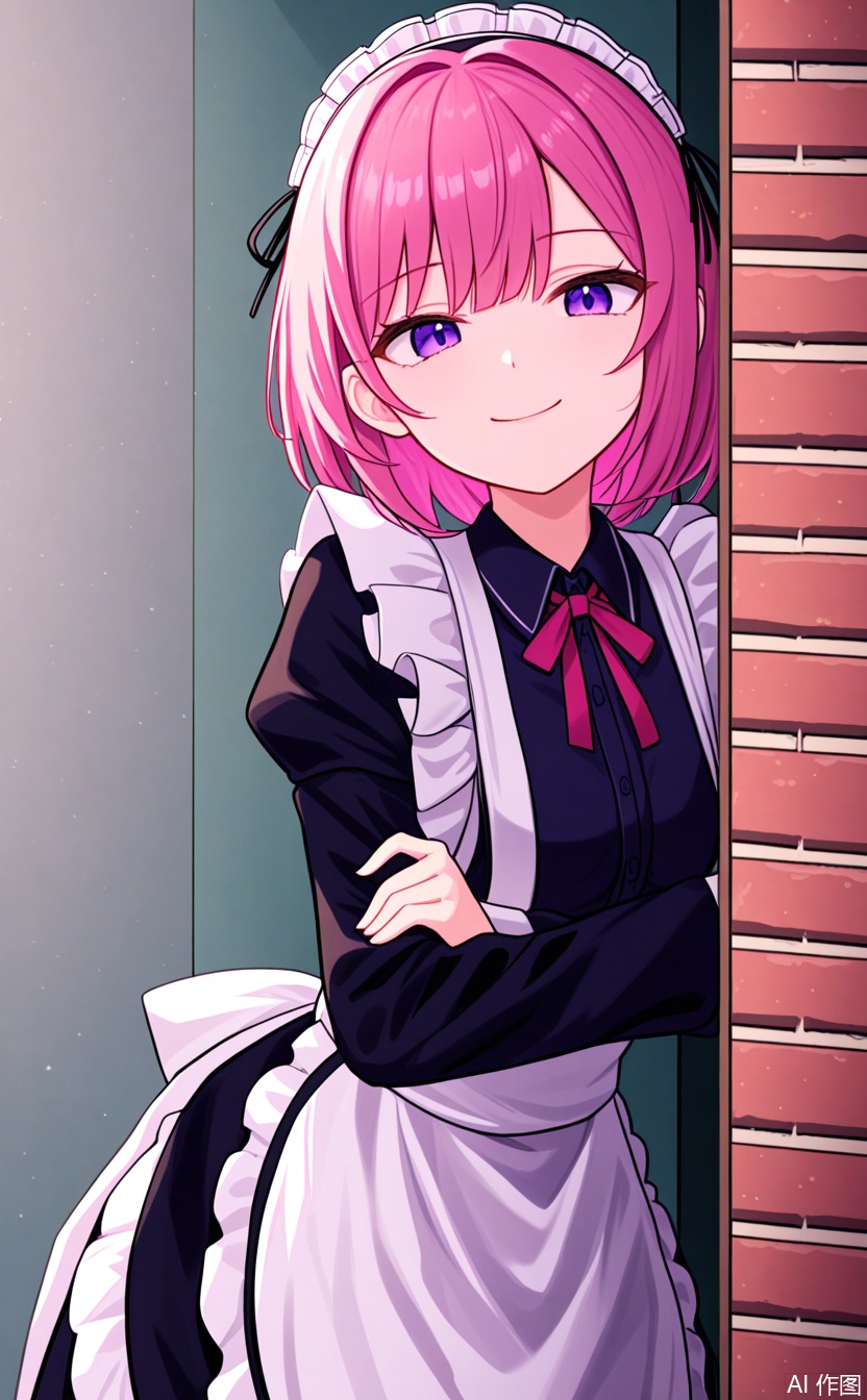 masterpiece,best quality,amazing quality, CivChan, purple eyes, pink hair, peeking out, wall, looking at viewer, maid, smirk,medium hair,
