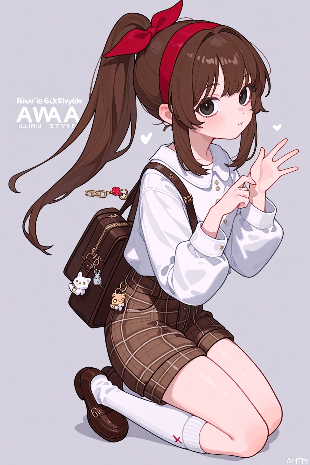 very awa,748cmstyle,748cm,(taro-k:0.5),(opossumachine:0.3),(maccha \mochancc\:0.25),xxx667_illu,
\\\\\\\\\\\\\\,
alternate costume, solo, bag, looking at viewer, blush, plaid, charm (object), bag charm, bangs, contemporary, sidelocks, jewelry, character name, female woman, white background, \\\\\\\\\ ,
ruirui, 1girl,brown hair,shorts,brown footwear,white shirt,long hair, black eyes,white kneehighs socks,ponytail,red hairband,
