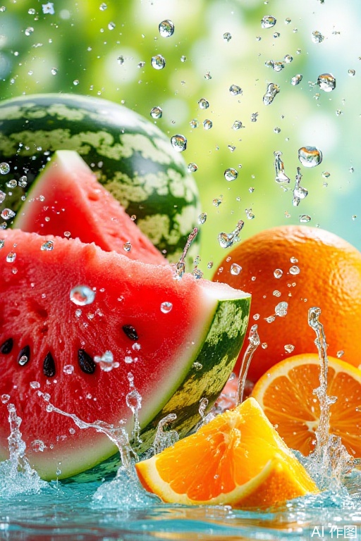 The image depicts a vibrant and dynamic scene of fresh fruit, primarily watermelon and orange slices, with water splashing around them. The watermelon is prominently displayed in the center, with its vibrant red flesh and green rind clearly visible. The orange slices are positioned to the right of the watermelon, showcasing their bright orange color and juicy texture. Water droplets are captured mid-air, creating a sense of motion and freshness. The background is blurred, with a bokeh effect that adds a dreamy and ethereal quality to the overall composition. The lighting is bright and natural, highlighting the freshness and appeal of the fruits.