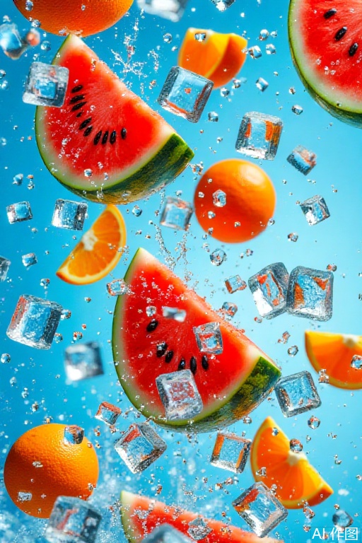 The image depicts a vibrant and dynamic scene of various fruits, primarily watermelons and oranges, suspended in mid-air against a bright blue background. The watermelons are in various stages of being cut, with some slices showing the juicy red flesh and black seeds, while others are whole. The oranges are also sliced, with their bright orange segments visible. Surrounding the fruits are numerous ice cubes, some of which are melting, creating a sense of motion and freshness. The water droplets scattered around add to the dynamic and refreshing atmosphere of the image. The overall composition is visually striking, with a focus on the freshness and juiciness of the fruits.