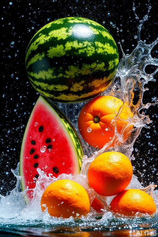 The image depicts a vibrant and dynamic scene of various fruits splashing in water. The fruits include a watermelon, oranges, and a watermelon, all of which are in the midst of a splash. The watermelon is green with dark green rind and black seeds, while the oranges are bright orange with smooth skin. The watermelon is positioned towards the top right, and the oranges are clustered together at the bottom right. The water is captured mid-splash, creating a dynamic and lively atmosphere. The background is dark, which contrasts with the bright colors of the fruits and the sparkling water droplets.