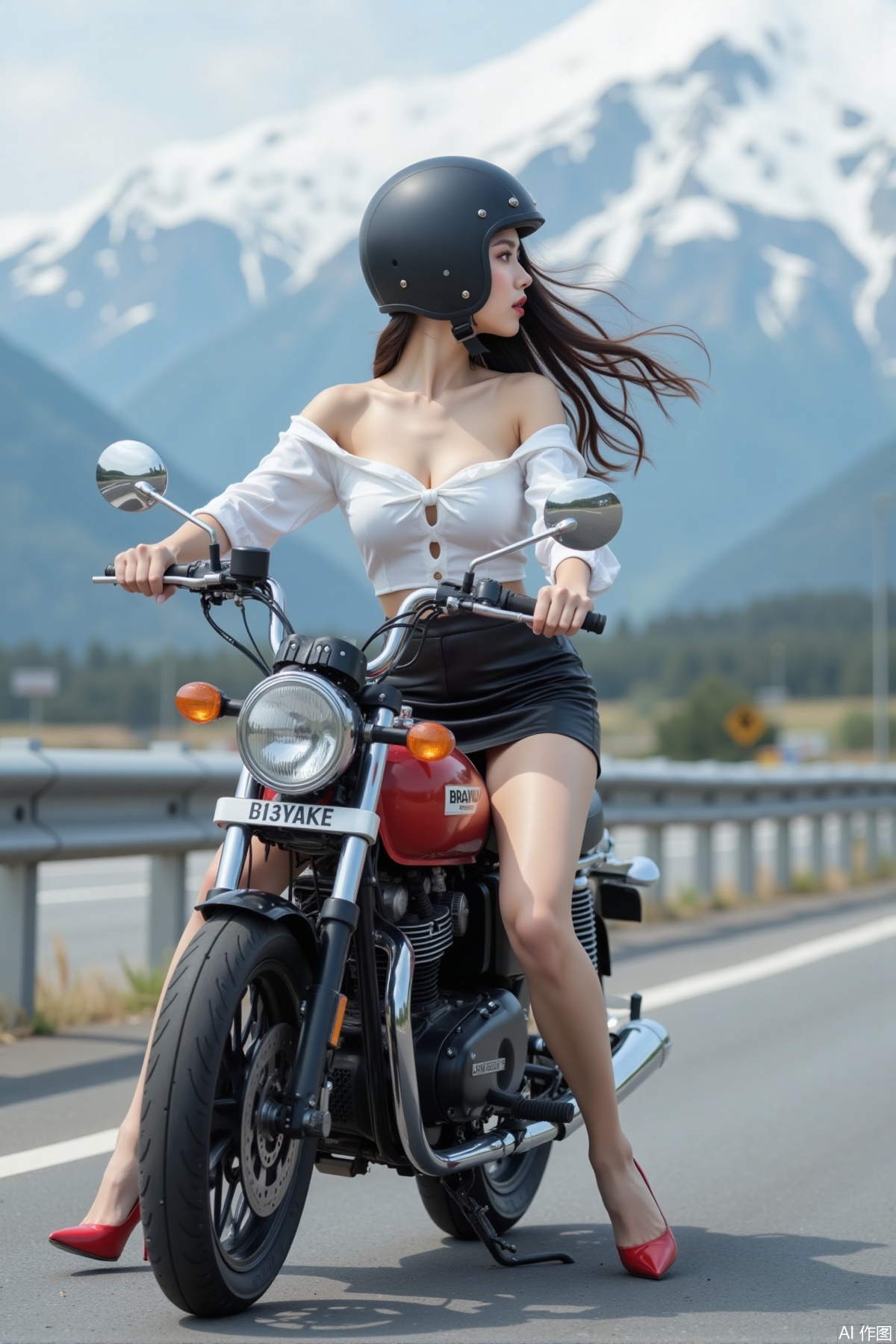 Realistic photo of a young woman with long hair, motorcycle helmet, fair skin, big breast, off-shoulder shirt, short leather skirt, long legs, red high heels, full body, riding motorcycle, on the highway, snow mountain background,