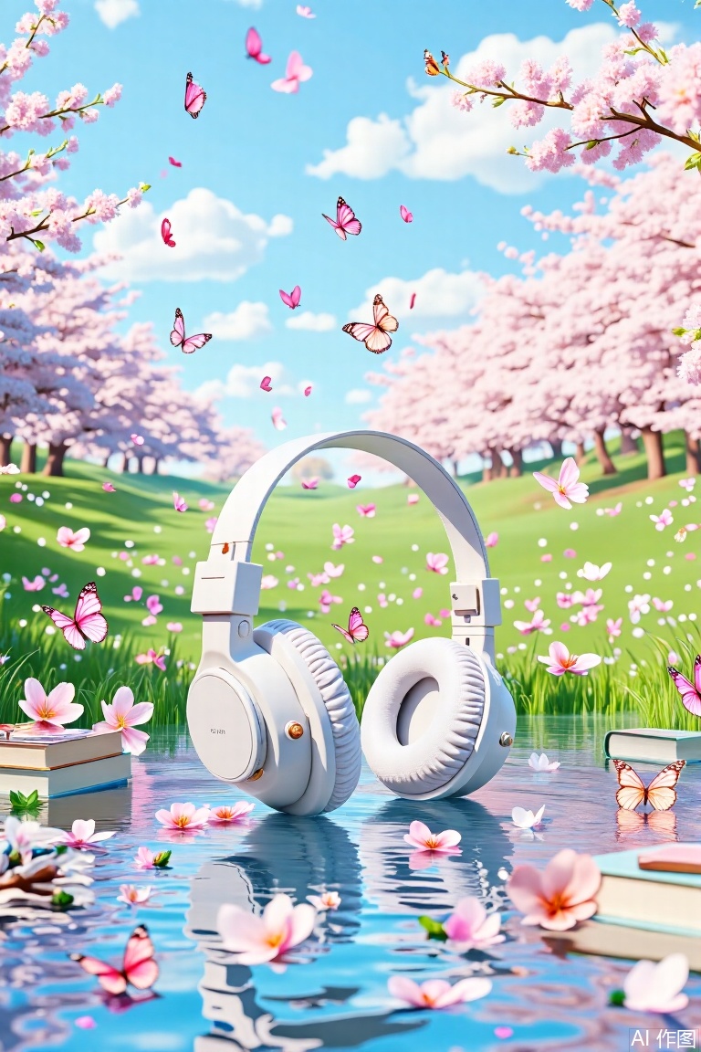 The image depicts a serene outdoor setting with a focus on a pair of white headphones resting on a reflective surface, possibly water, surrounded by floating cherry blossoms and fluttering butterflies. The background features a lush green field dotted with pink cherry blossoms under a clear blue sky. The scene exudes a peaceful and dreamy atmosphere, with the headphones and other objects suggesting a relaxing environment for listening to music or enjoying nature.
