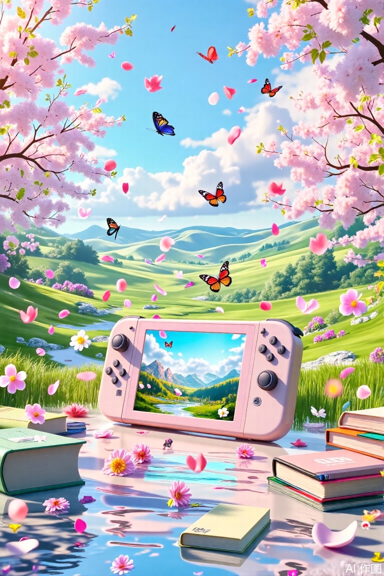 The image depicts a serene and whimsical scene with a pastel-colored handheld gaming console, resembling a Nintendo Switch, placed on a surface surrounded by floating books and petals. The console screen displays a vibrant, colorful landscape with mountains, trees, and a clear blue sky. Surrounding the console are lush green grass, blooming cherry blossom trees, and scattered pink and white petals. Butterflies are flying around, adding to the dreamy atmosphere. The background features rolling hills and a bright, partly cloudy sky, enhancing the overall tranquil and magical feel of the scene.