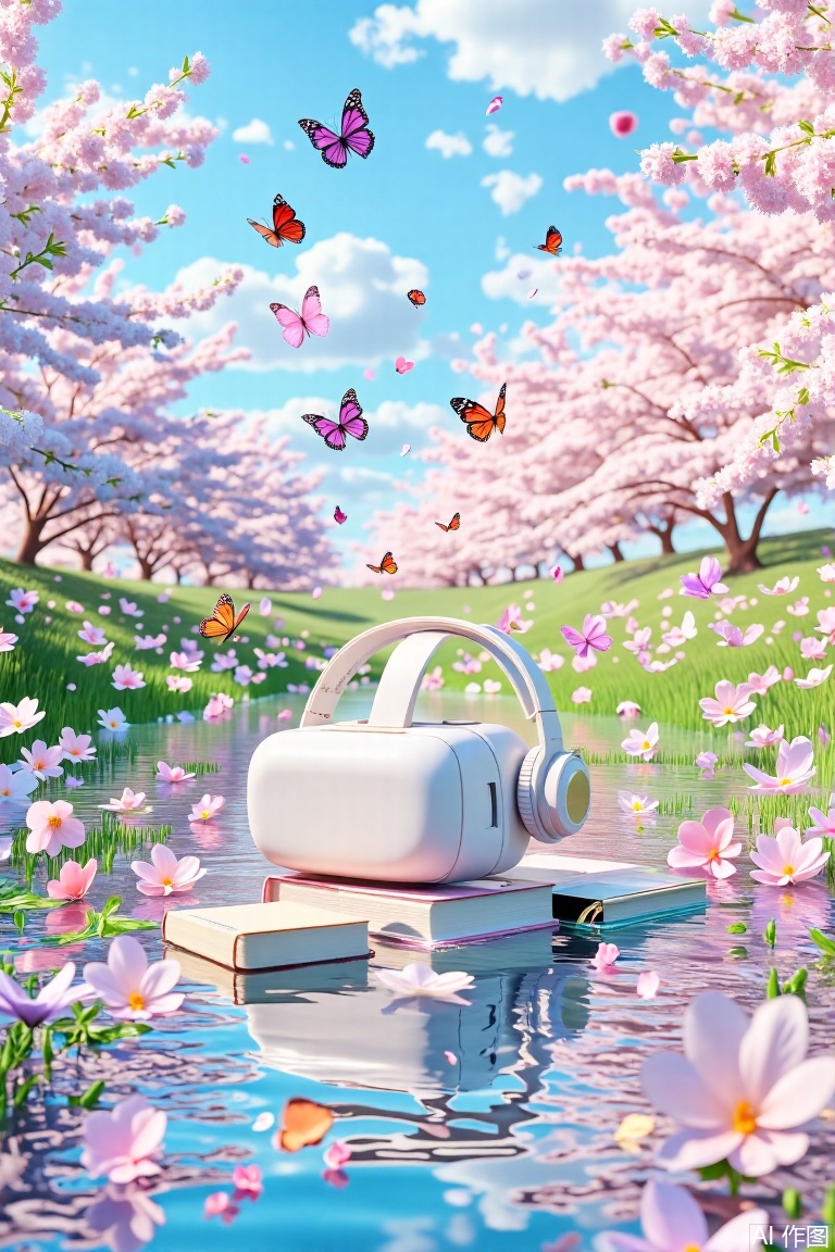 The image depicts a serene outdoor setting with a tranquil body of water reflecting the sky and surrounding flora. Floating on the water are a pair of white VR goggles, accompanied by a sleek, modern headset. Nearby, a book lies partially submerged, its pages slightly open, suggesting a sense of discovery or exploration. The background is filled with blooming cherry blossom trees, their pink flowers creating a picturesque and peaceful atmosphere. Butterflies of various colors—pink, purple, and orange—are flying around, adding a touch of whimsy and movement to the scene. The sky is clear with a few scattered clouds, enhancing the overall sense of calm and beauty.