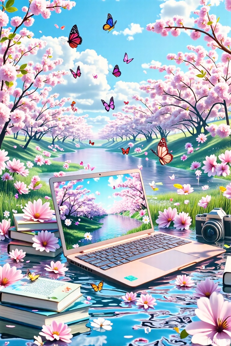 The image depicts a serene and picturesque scene with a laptop displaying a beautiful landscape of cherry blossoms and a river. The laptop is placed on a reflective surface, surrounded by scattered books, a camera, and blooming flowers. Butterflies are flying around, enhancing the dreamy and tranquil atmosphere. The background features more cherry blossom trees and a bright blue sky with fluffy clouds, creating a peaceful and idyllic setting.
